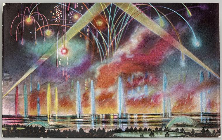 1939 postcard featuring an image of celebratory fireworks on a river
