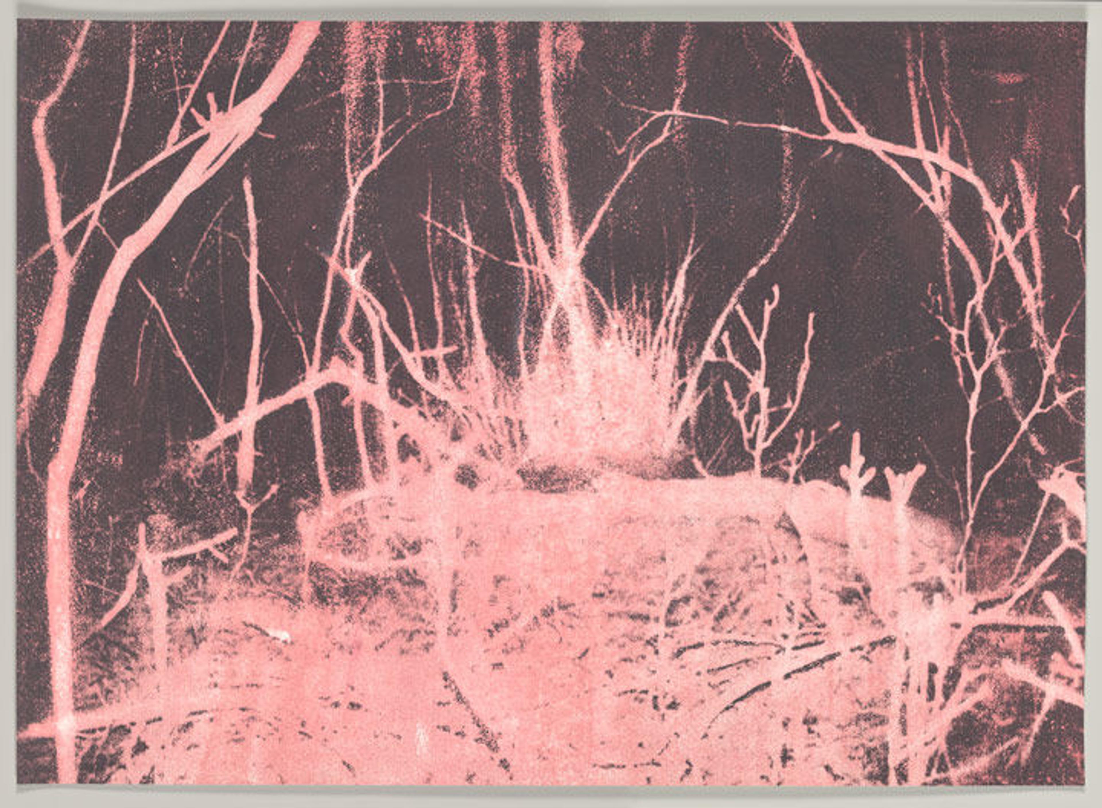 'Hideaway' by Glen Baldridge, a screenprint of bright pink and deep greys depicting a wooded landscape at night