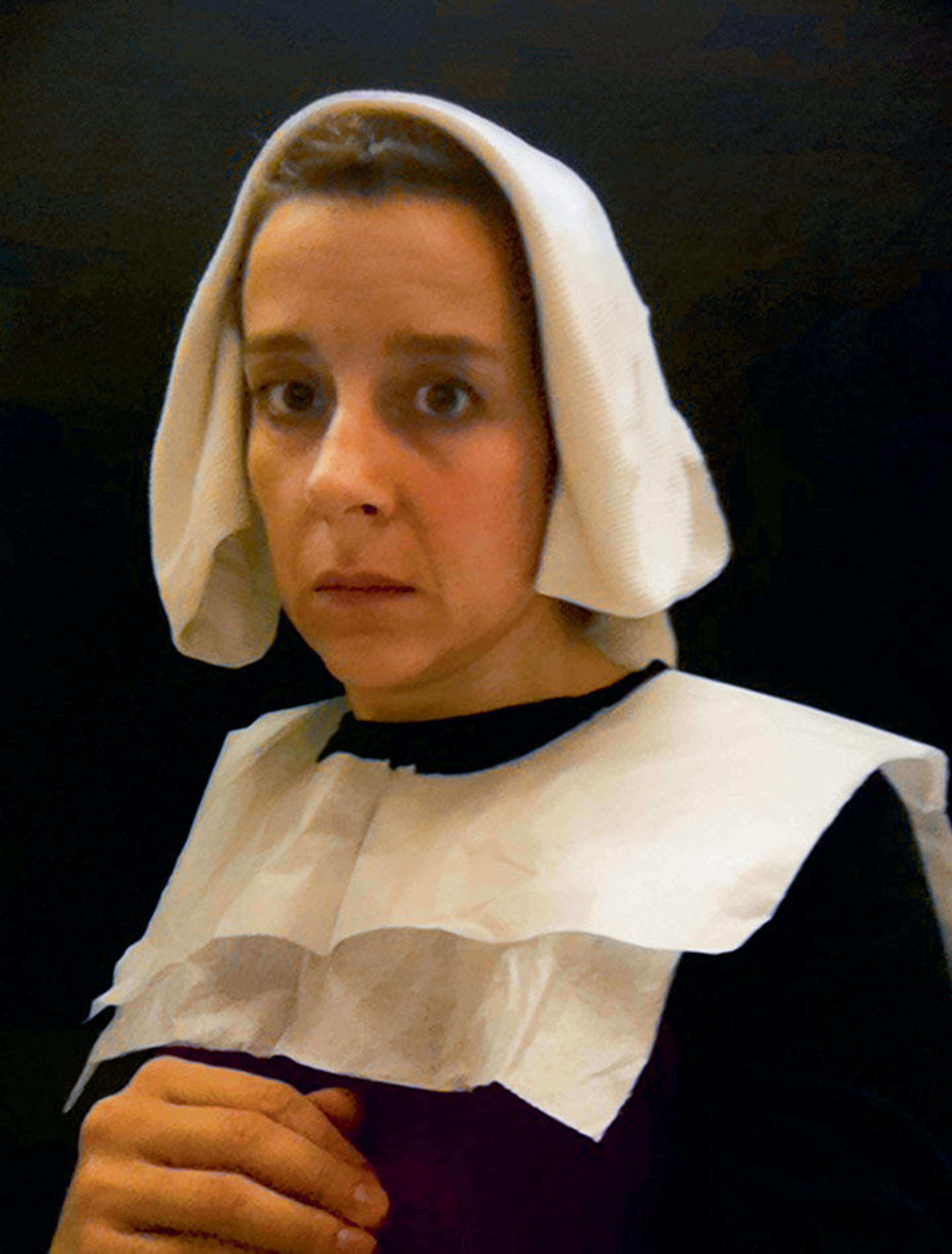 Nina Katchadourian, Lavatory Self-Portrait in the Flemish Style, with hands clasped