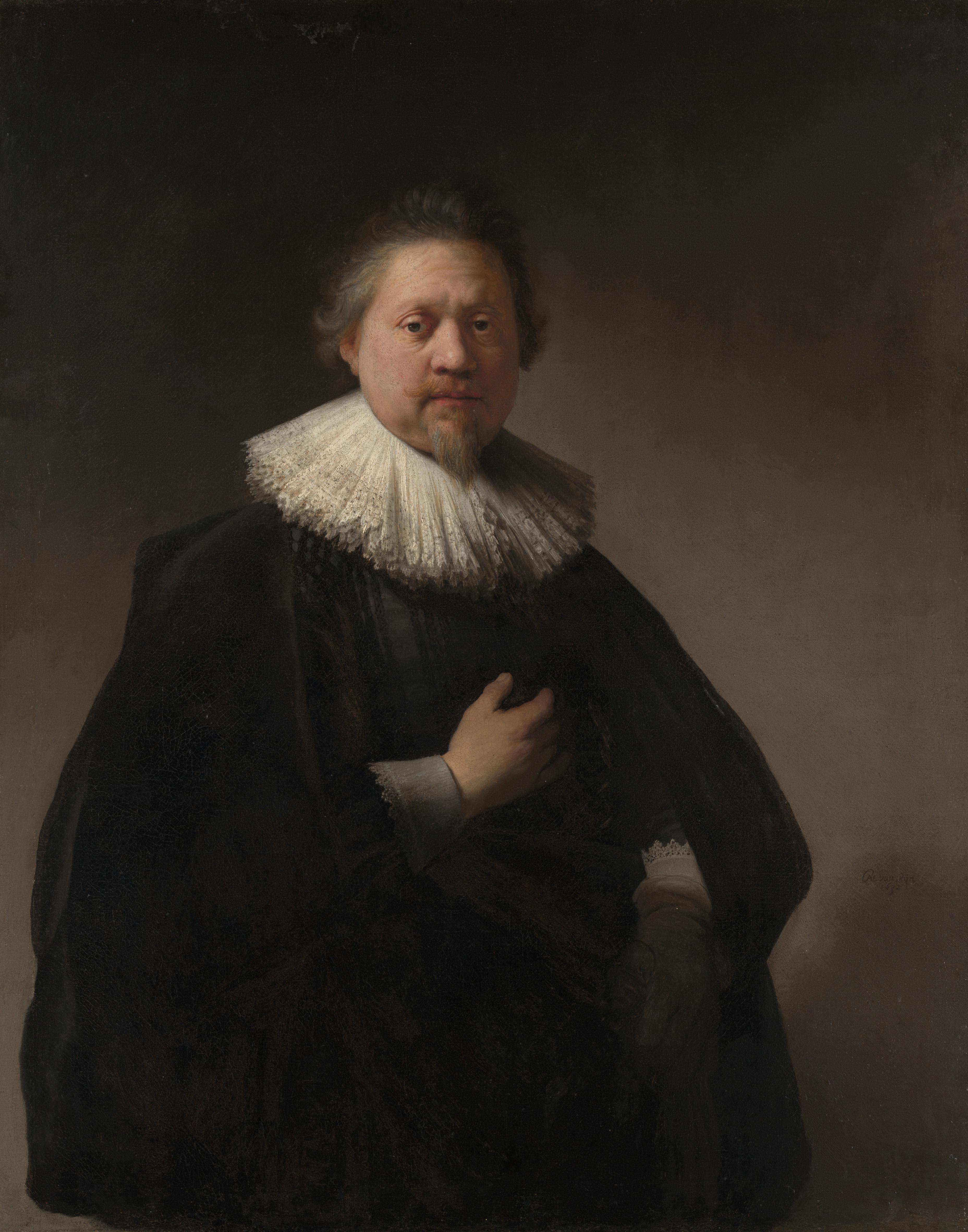 Renaissance portrait painting of a man wearing a white lace collar against a dark background.