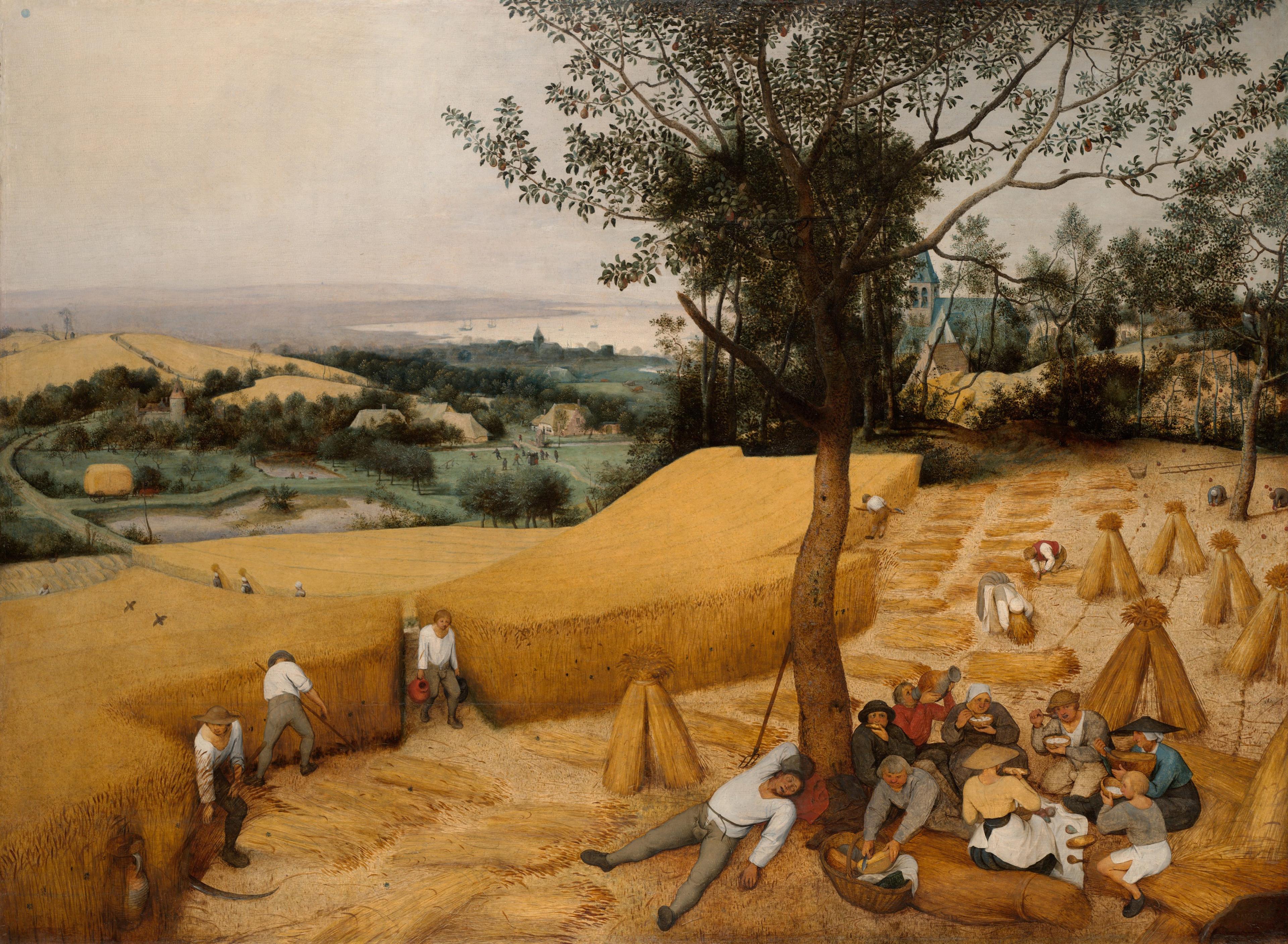A scene of country life. In the foreground, laborers harvest from yellowed fields, while additional figures eat and rest under the shade of a tree. A greener space dotted with structures, and a water body with distant ships, are visible in the distance.
