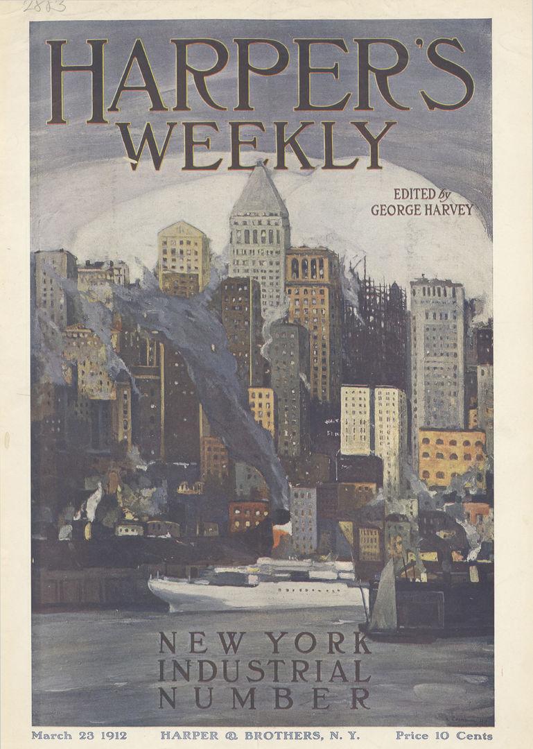 A painting of the new york skyline used for the cover of Harper's Weekly with the sub heading New York Industrial Slumber.