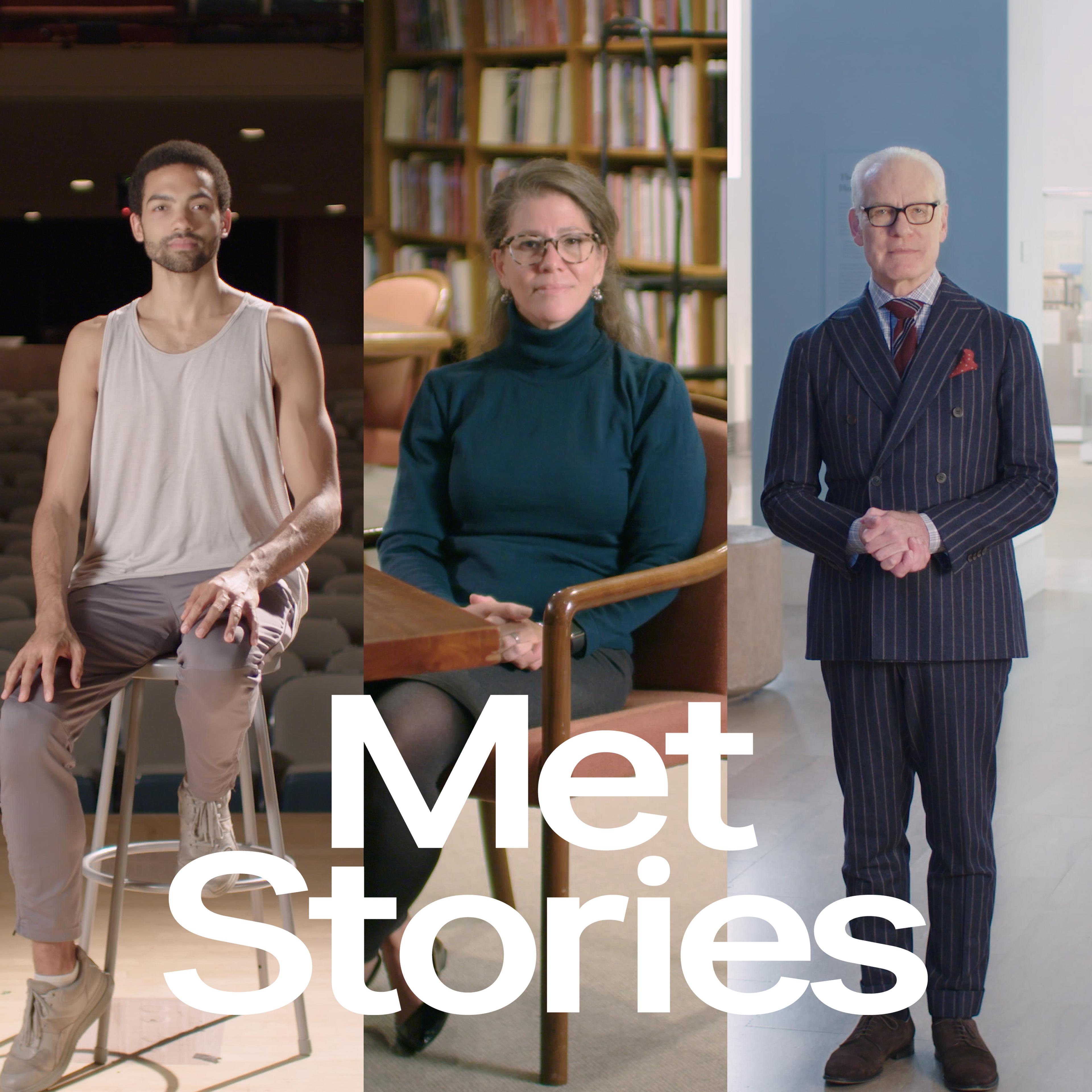 Composite image of Silas Farley sitting on a stool in an auditorium; Stephanie Post sitting in a chair in a library; and Tim Gunn standing in gallery space at The Met.