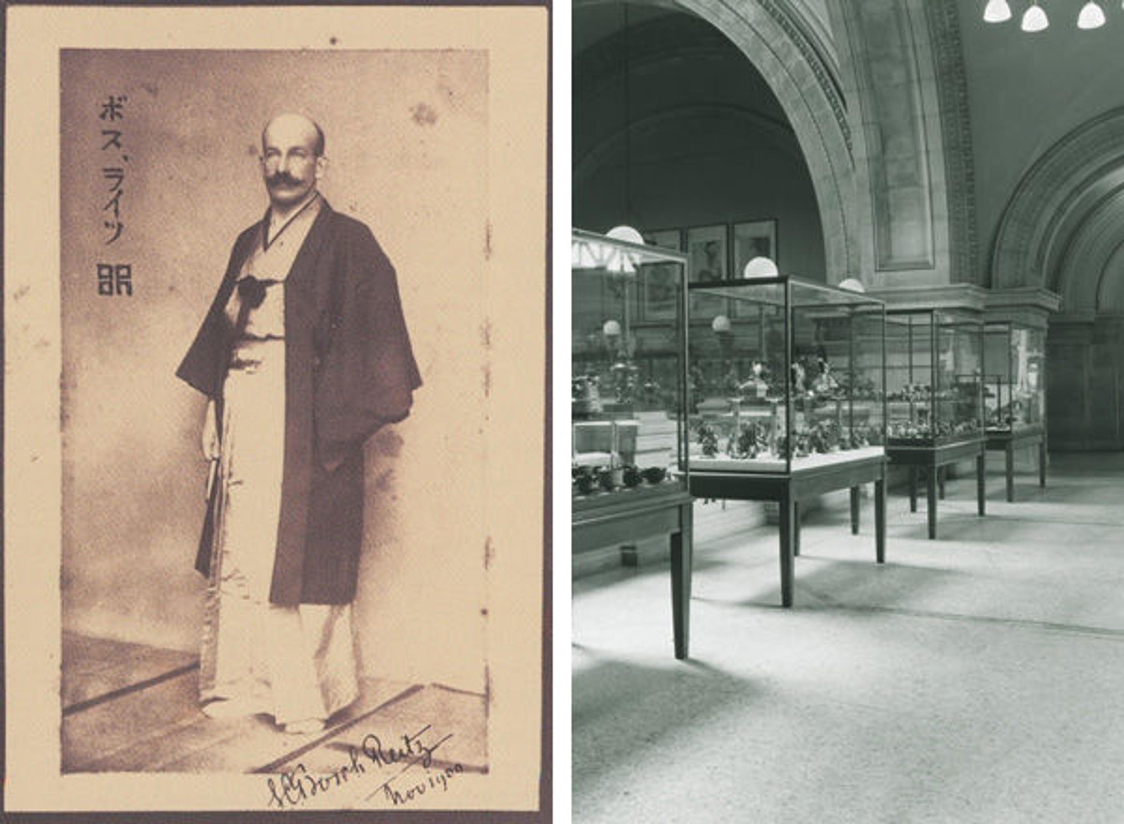 Left: Sigisbert Chretien Bosch Reitz. Photographed in Japan in 1900. Right: The earliest space dedicated to "Far Eastern" art was the Great Hall Balcony (now gallery 202). Photographed in 1933