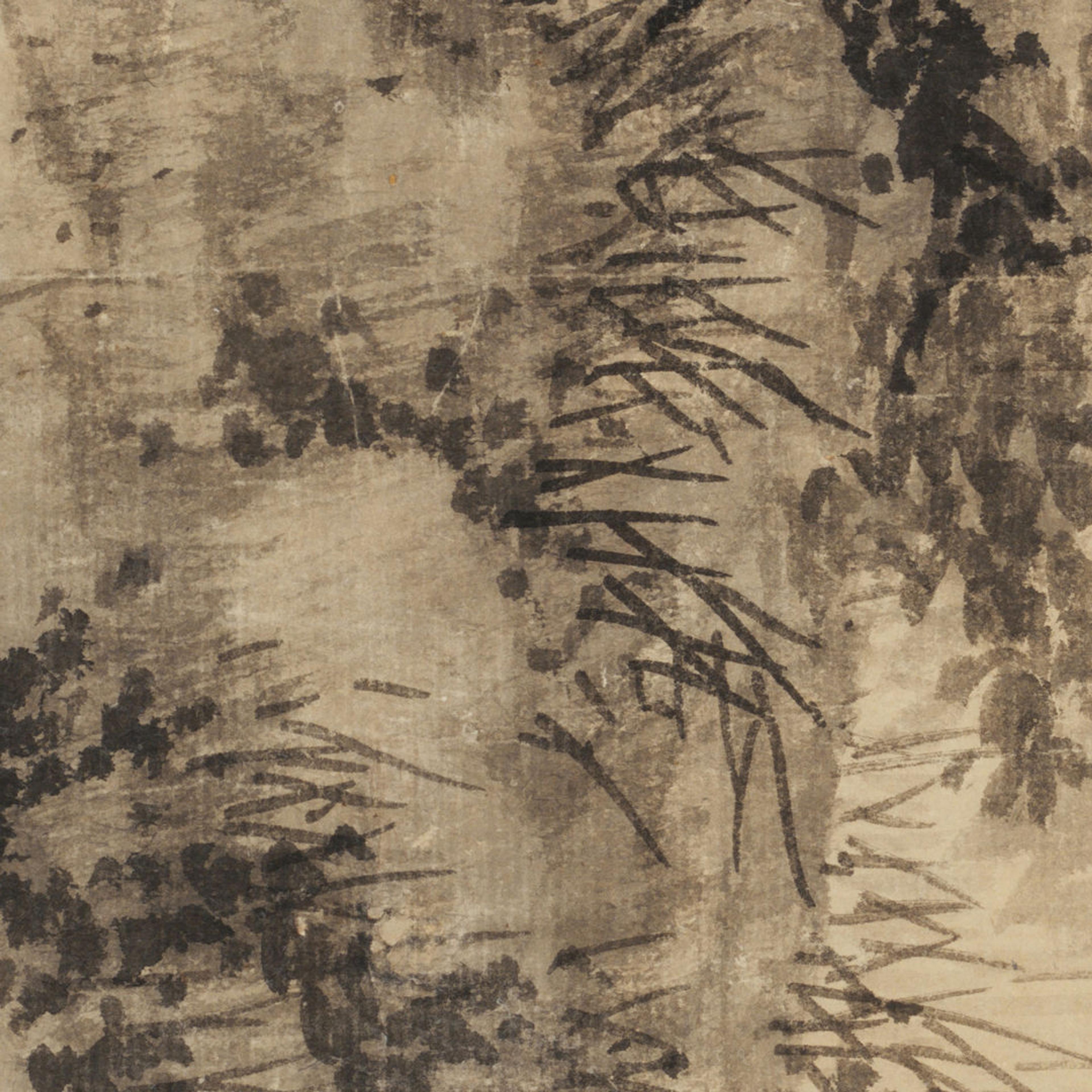 Detail of an ink and watercolor painting on paper with plants, leaves, and other organic elements