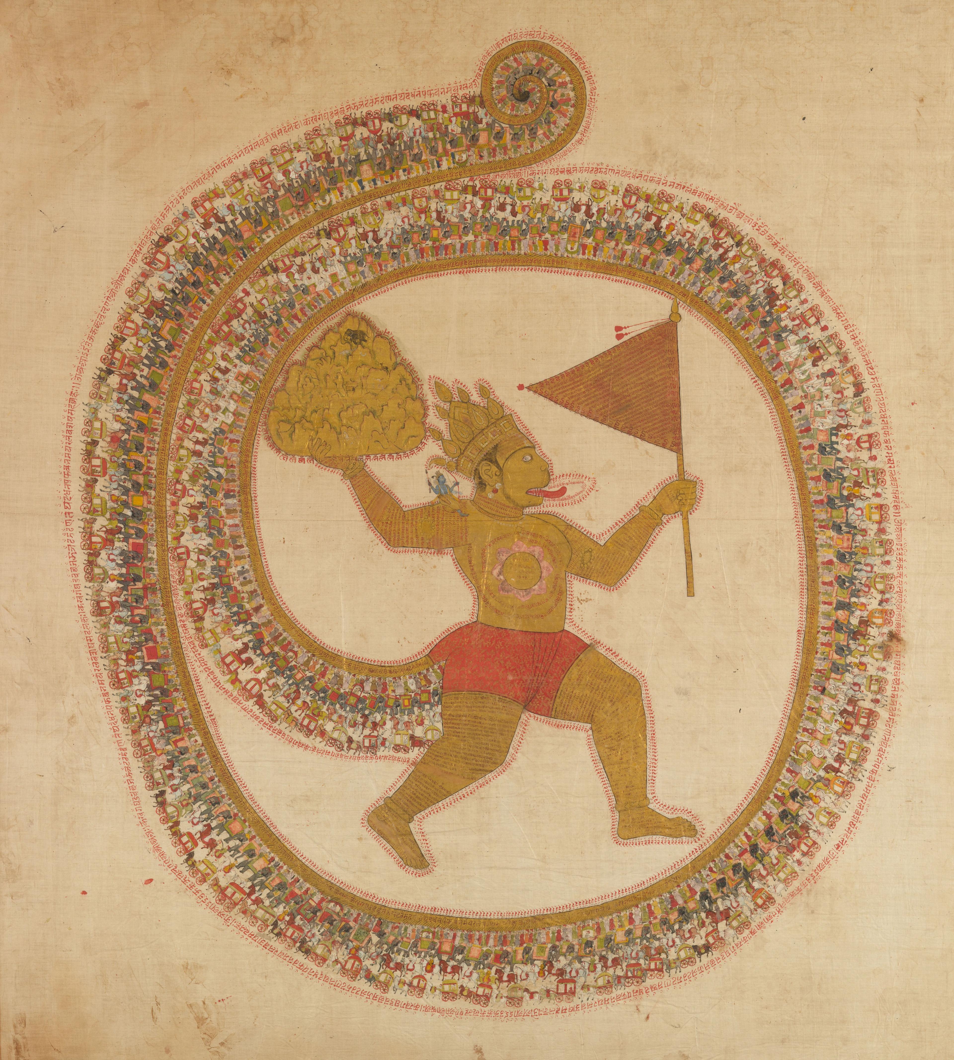 Painting of a crowned figure with a long tongue running in a spiral composition while holding a mountain and a flag.