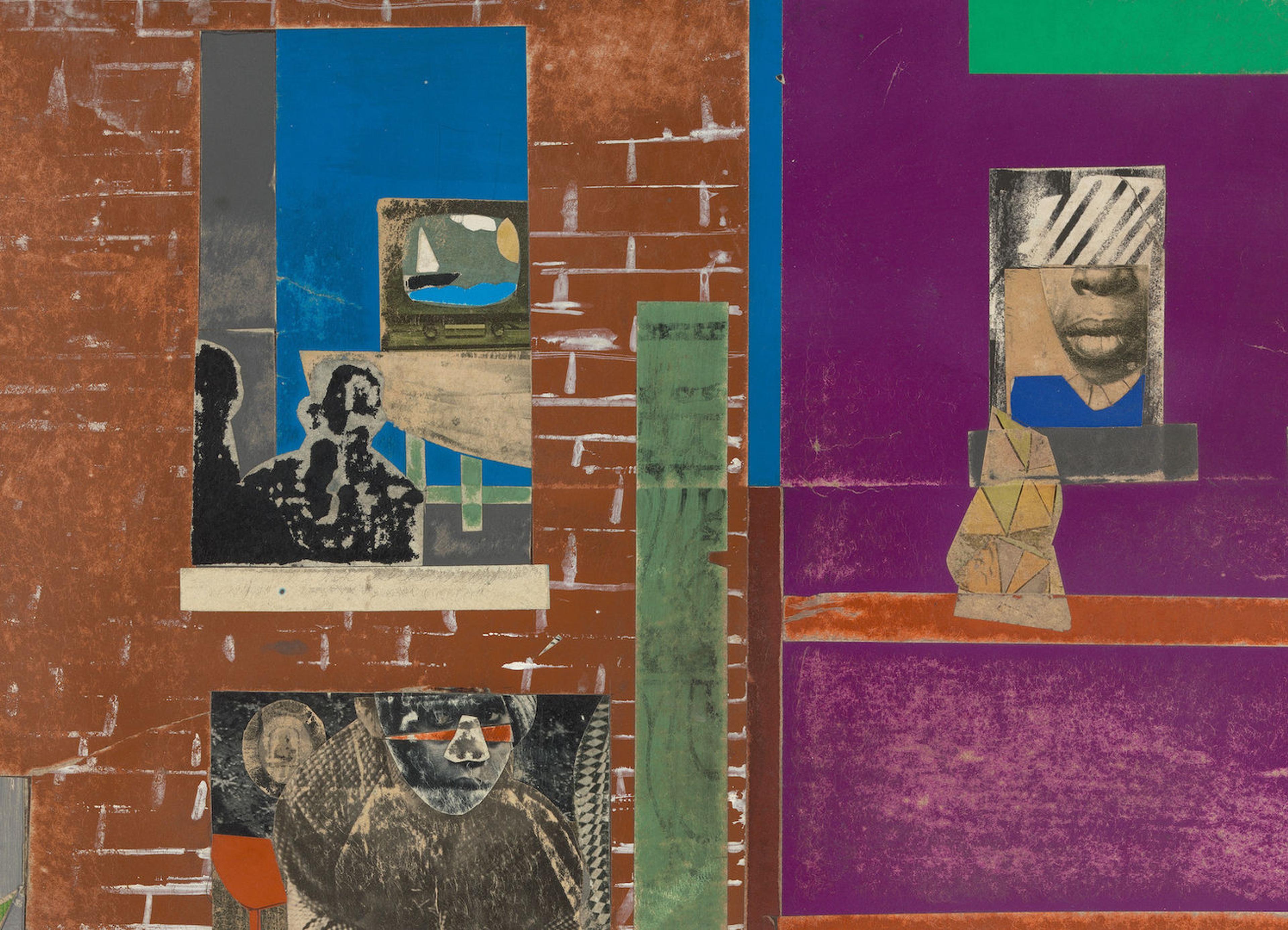 Detail of a colorful collage looking into NYC aparement buildings including a window with people looking at a television.