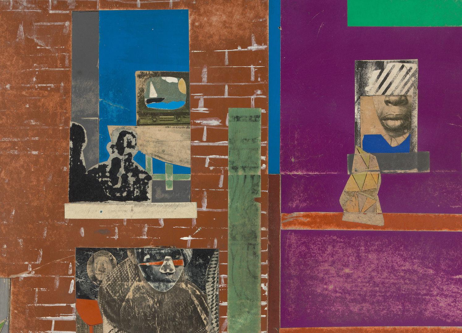 Detail of a colorful collage looking into NYC aparement buildings including a window with people looking at a television.