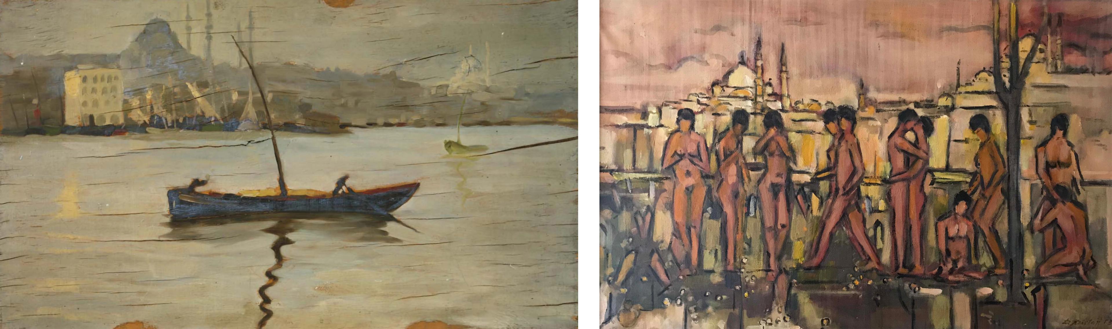 Diptych of two paintings. At left, an impressionistic artwork of a small boat with a fisherman on a waterway. Some buildings dot the shore. At right, several nude figures, some engaged in sexual acts, with the domes and spires of white mosques in the background.
