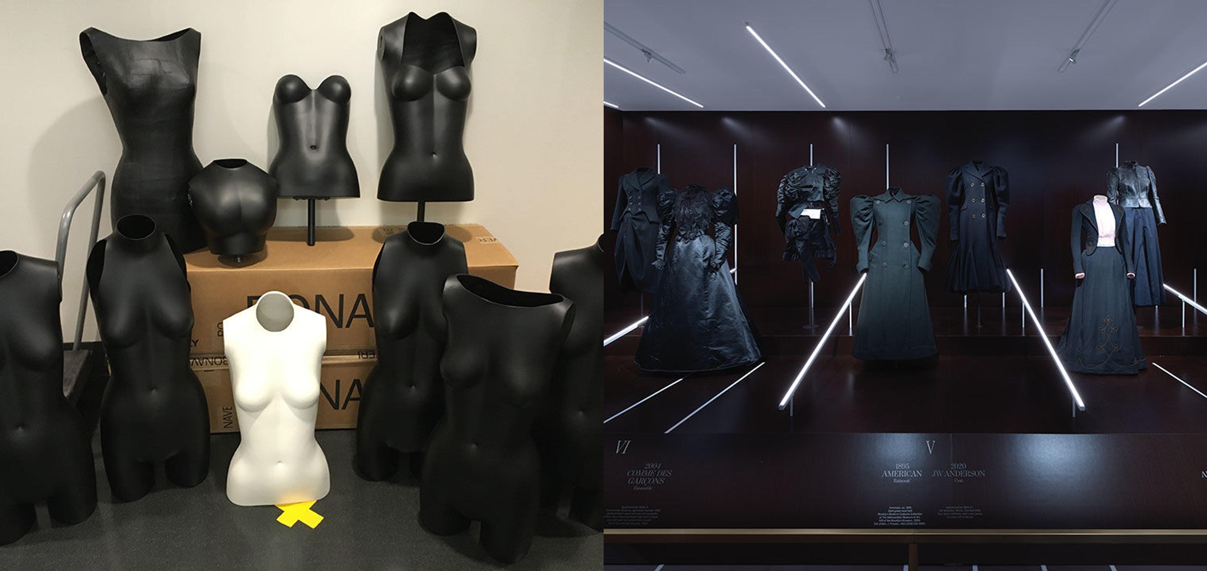 A group of several black and one white mannequin torsos