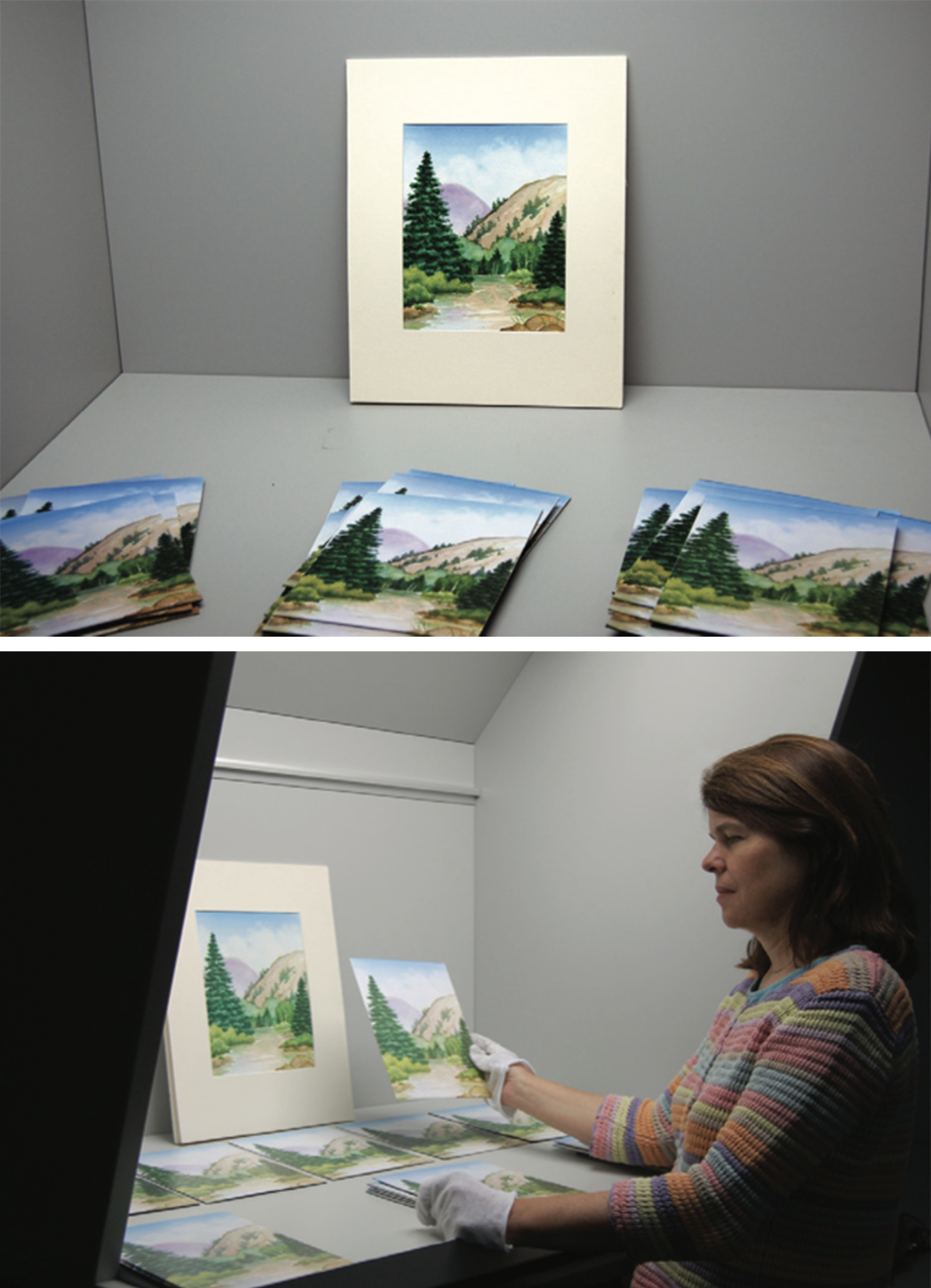 Diptych showing an arrangement of the same landscape prints at left, and a person analyzing one version at right.