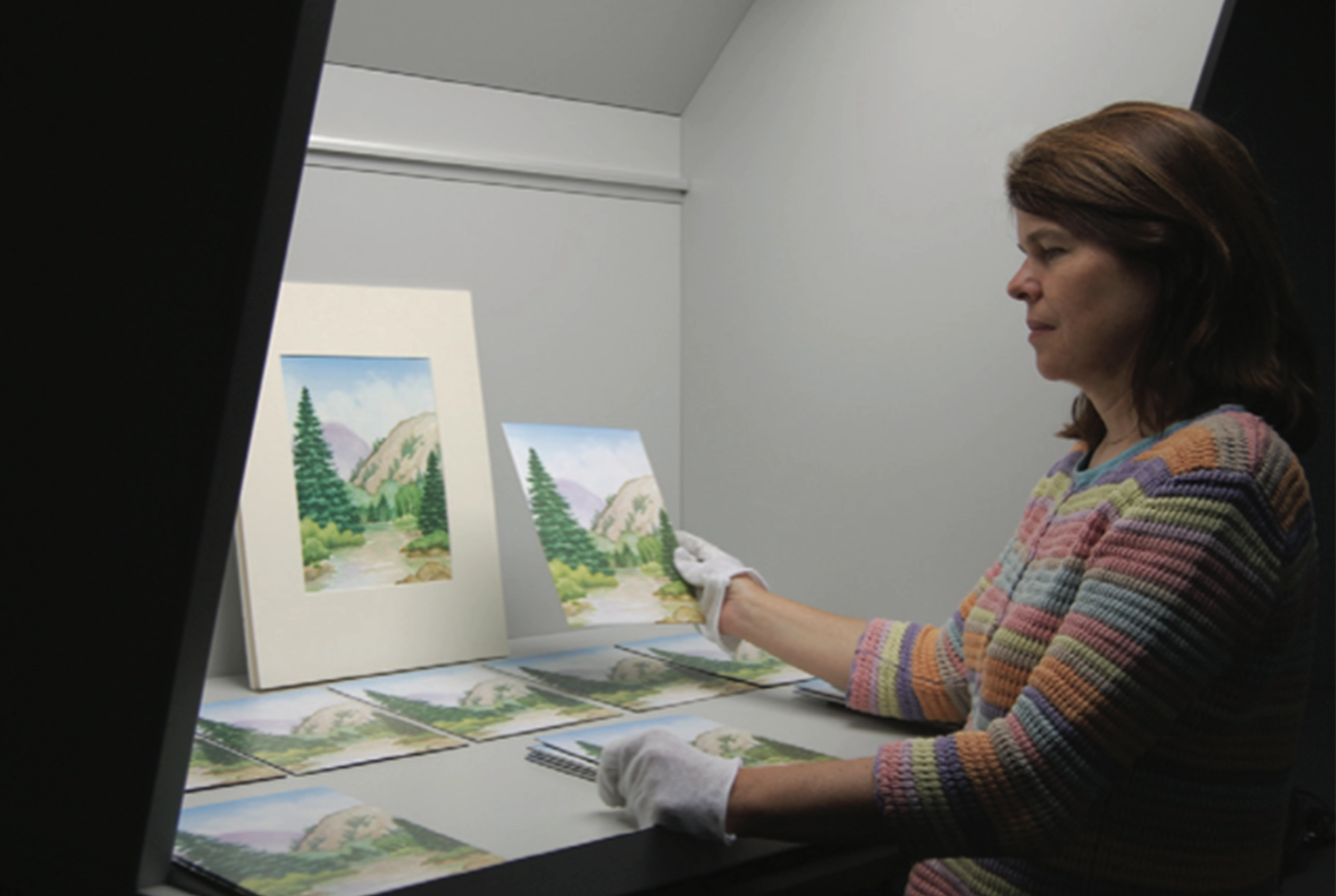 Diptych showing an arrangement of the same landscape prints at left, and a person analyzing one version at right.
