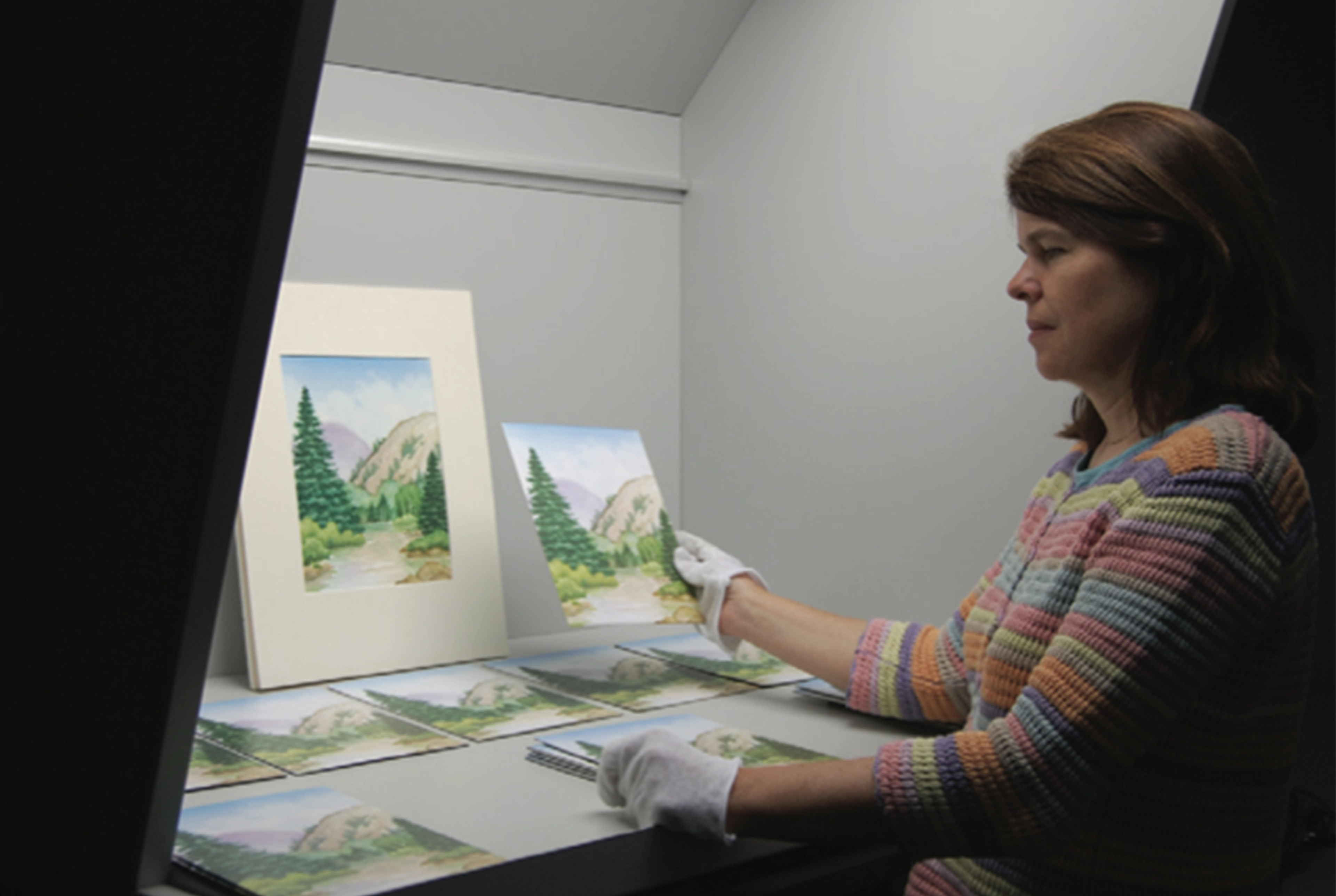 Diptych showing an arrangement of the same landscape prints at left, and a person analyzing one version at right.