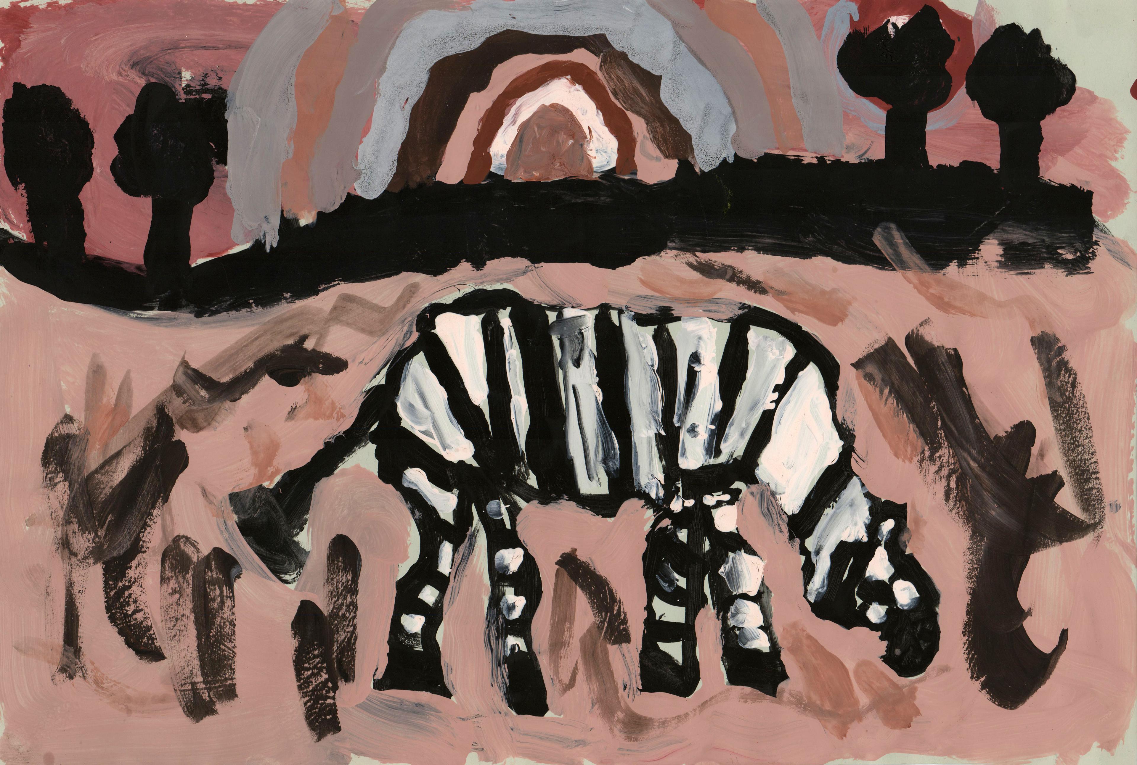 Tempera-on–construction paper illustration of a zebra facing right and grazing upon faint reddish brown soil among thick black vertical strokes that represent grass. A thick black horizontal stroke in the background represents the horizon line, with two pairs of black trees painted to the left and right. A multihued brownish sun emerges halfway above the center of the horizon.