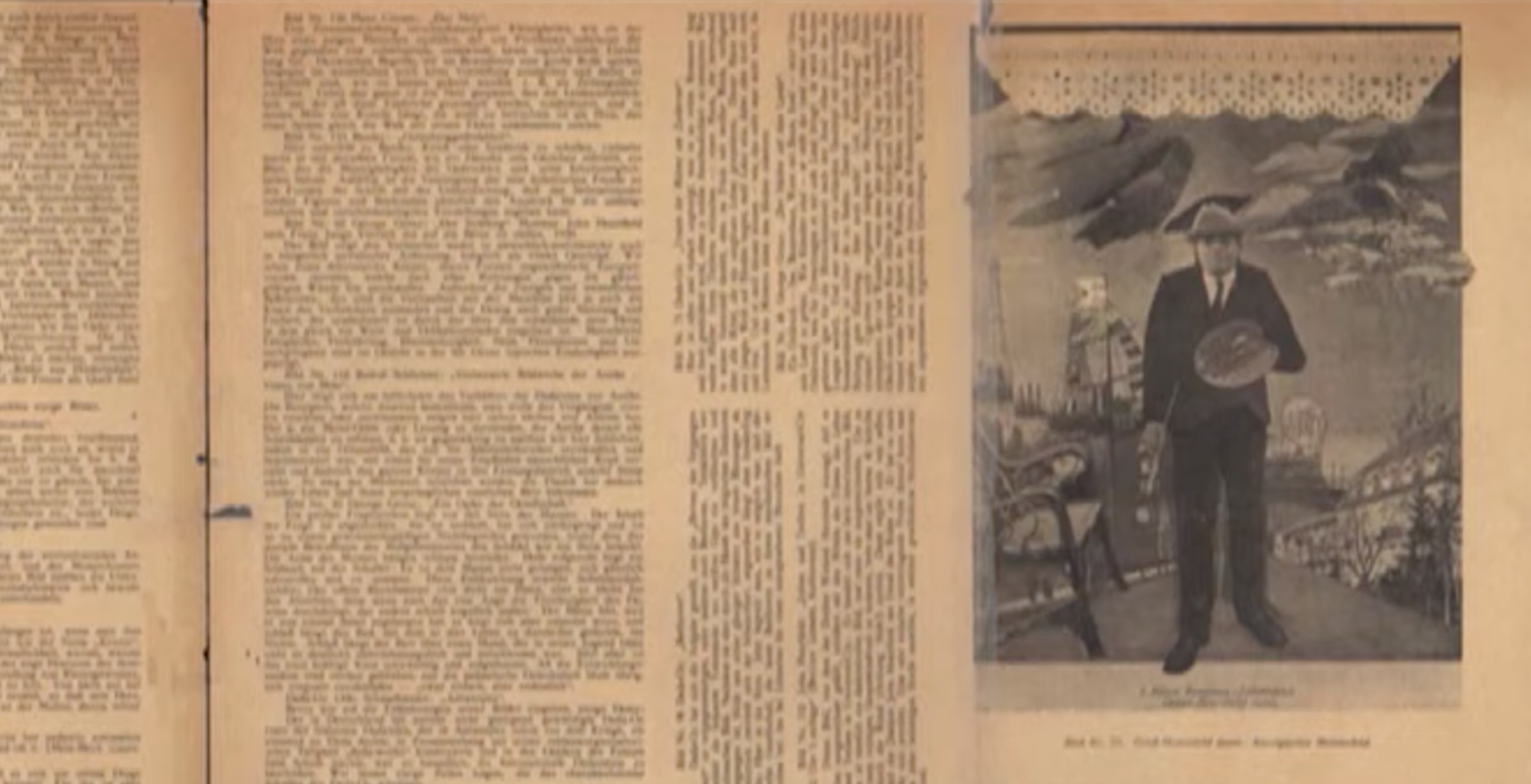 Inside spread of a catalogue from the First International Dada Fair in 1920 featuring a Dada painting.