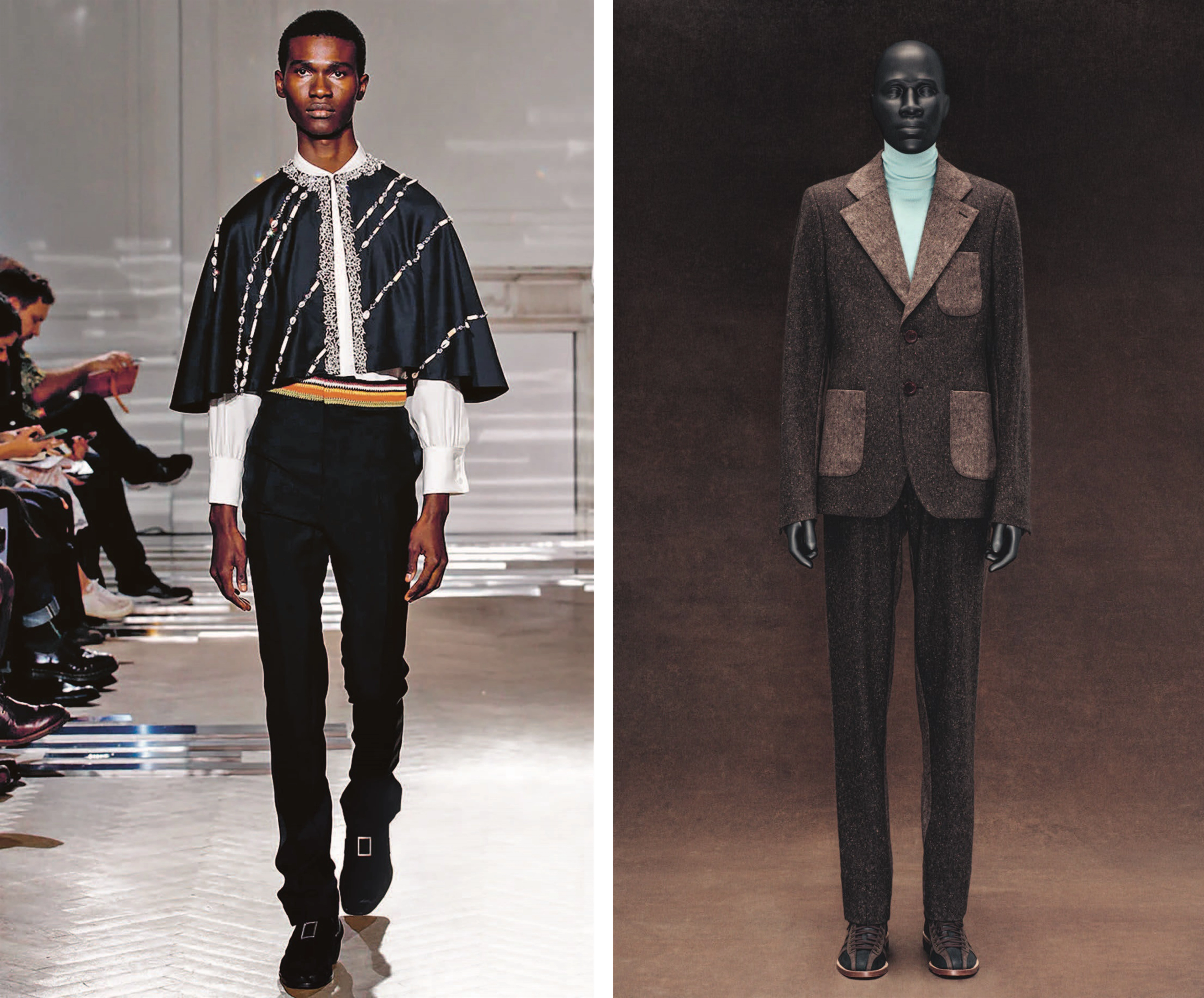 Diptych showing, at left, a runway model in a bolero-type jacket over a white shirt and black pants. At right, a mannequin displays a brown tweed suit and white turtleneck