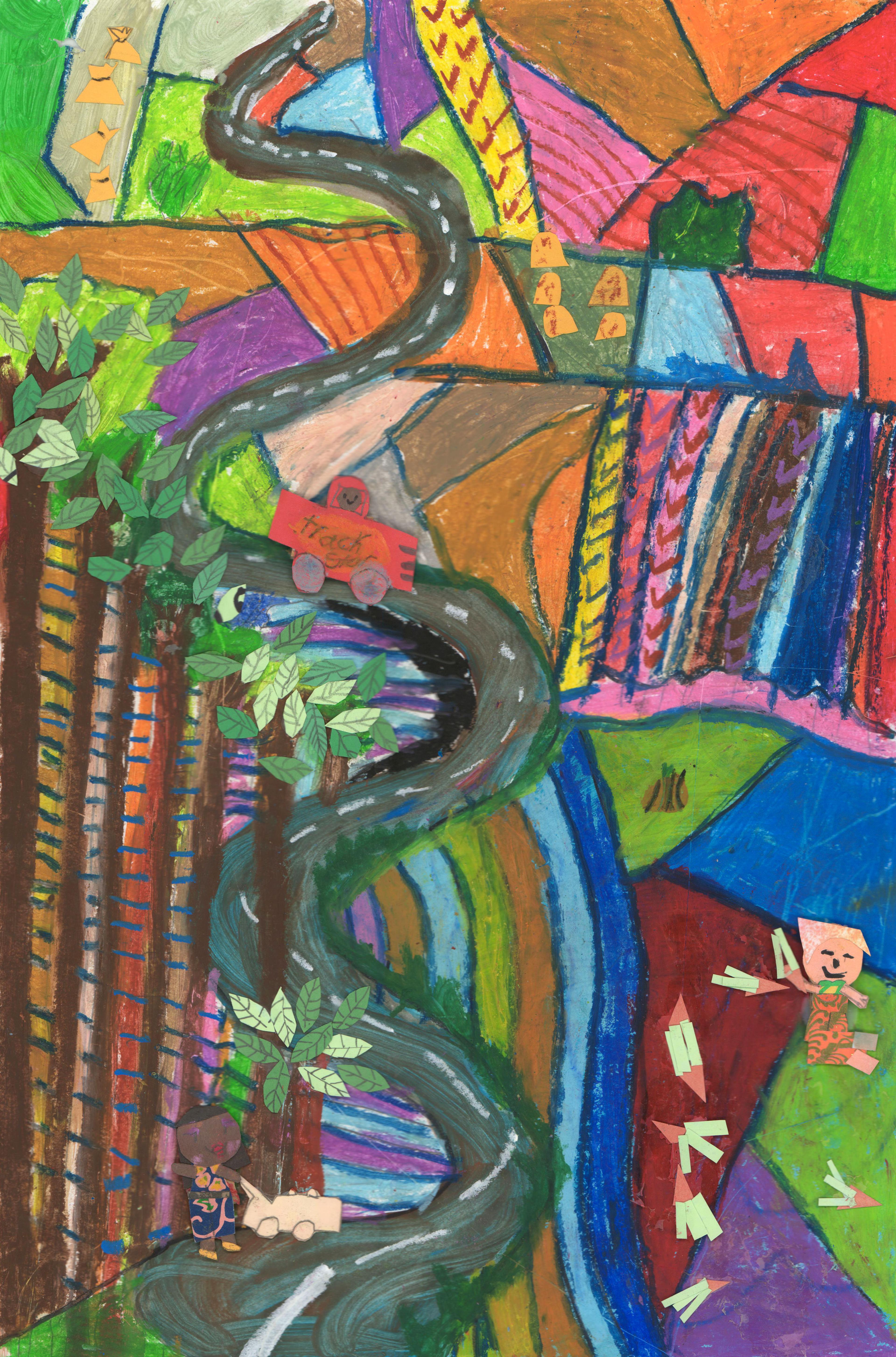 College of oil pastel and tempera depicting a red truck driving along a curvy, winding, gray road that snakes vertically from the top to the bottom of the image. Multiple colorful farm fields are divided into geometric patterns and cover the entire illustration on either side of the road. A row of tall trees stands at the bottom left side of the image. A person stands next to a small light colored vehicle parked on the road near the bottom. To the bottom right, a smiling person works in a field.