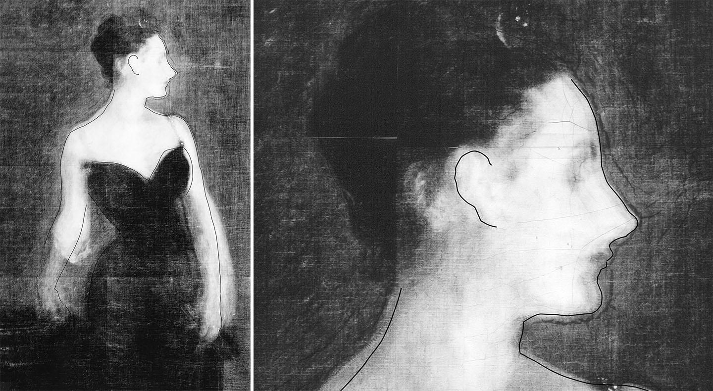 Diptych. At left, a detail image of an X-radiograph of the torso in the painting. At right, a detail image of an X-radiograph of the head in the painting