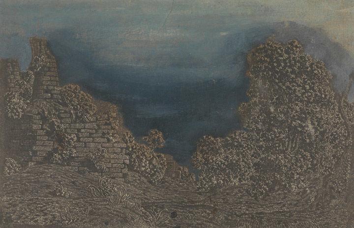 17th-century Dutch etching depicting the remnants of an ancient tomb with many types of vegetation and trees around it