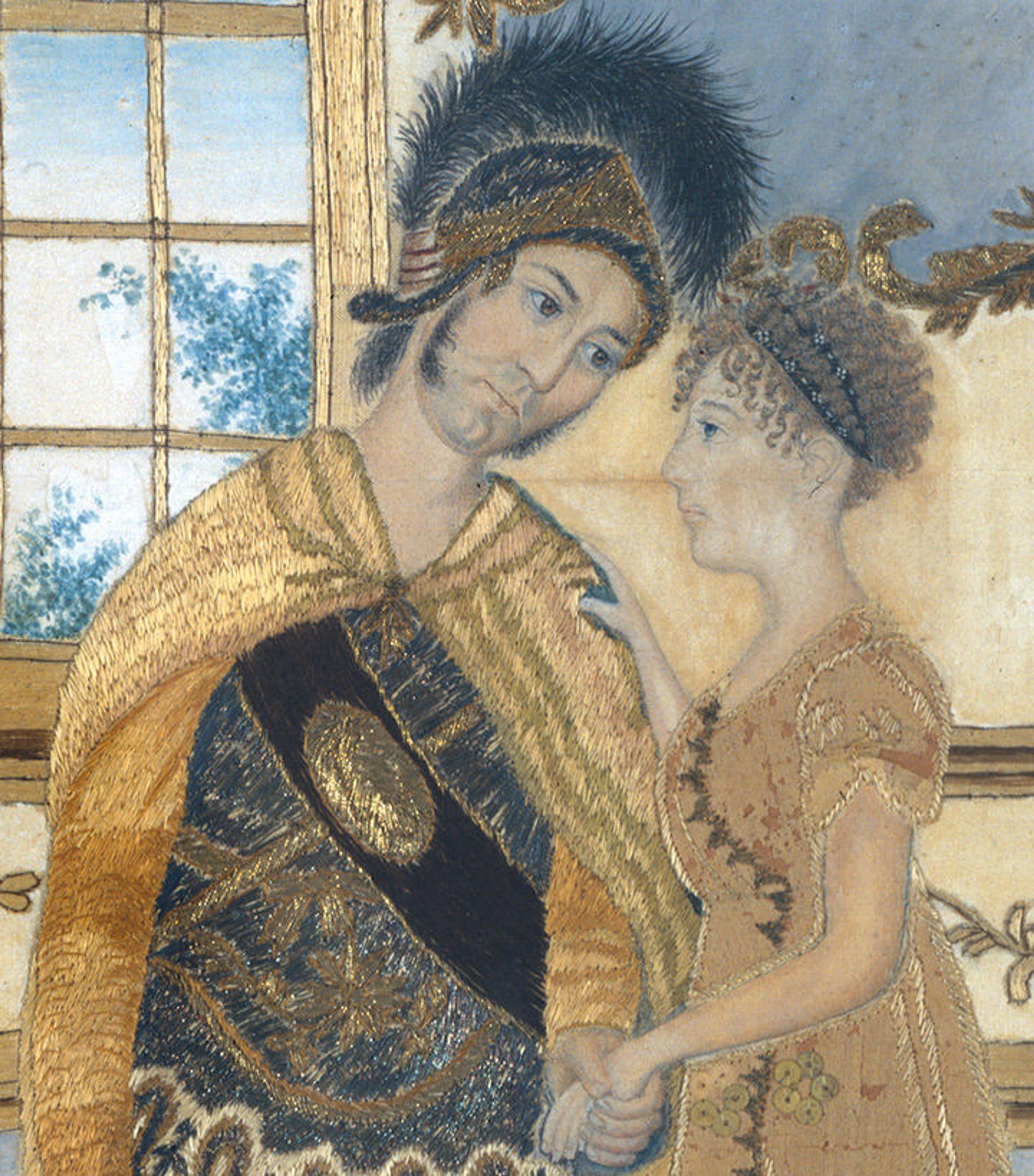 Detail of a sampler by Lucy Huntington shows warrior Hector embracing his wife farewell in their home. Hector wears ornate armor decorated with gold and his wife a sequined dress.