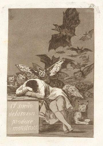 Drawing of a man sleeping on a desk and an owl peering over his shoulder