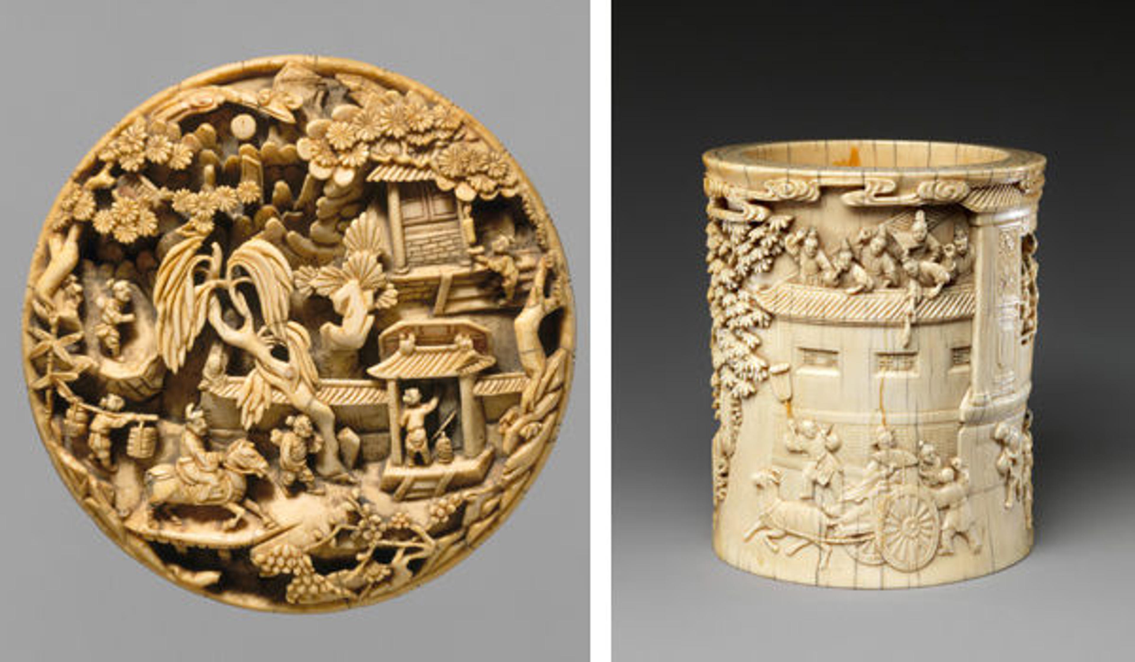 Left: Medallion with Return from a Spring Outing. China, Ming dynasty (1368–1644), late 16th–early 17th century; Right: Brush Holder with Story of Pan Yue or Wei Jie. China, Qing dynasty (1644–1911), 18th century