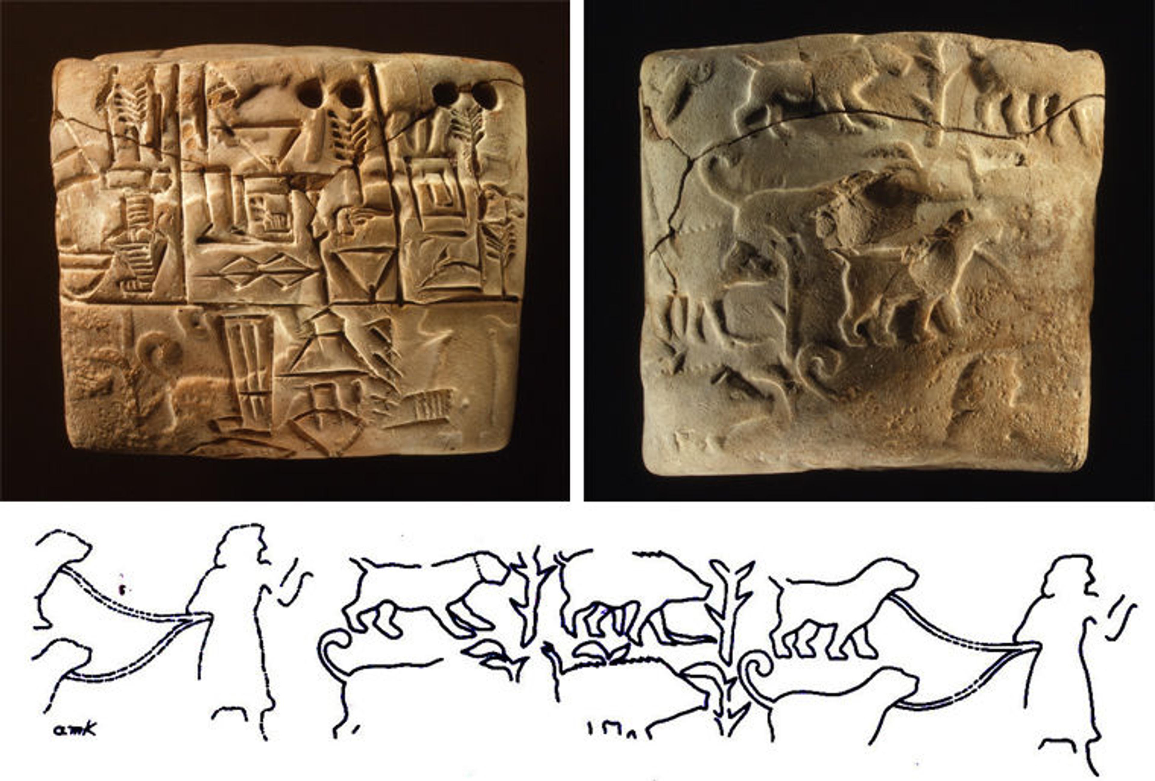 Two sides of a clay tablet are shown in the top left and right images. Beneath the photographs is a line drawing of the impression left by a cylinder seal. 