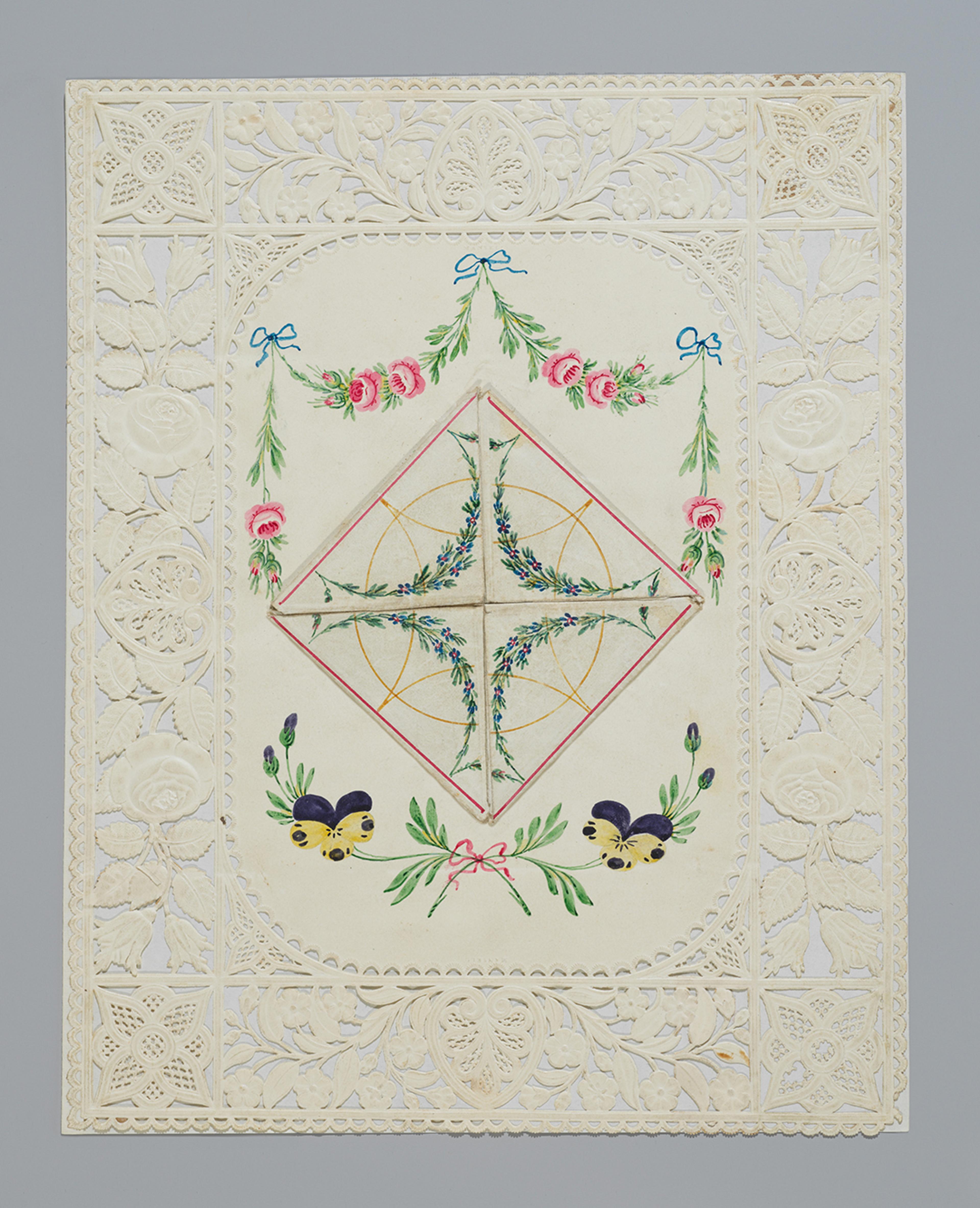 Watercolor, pen and brown ink on openwork cameo-embossed paper