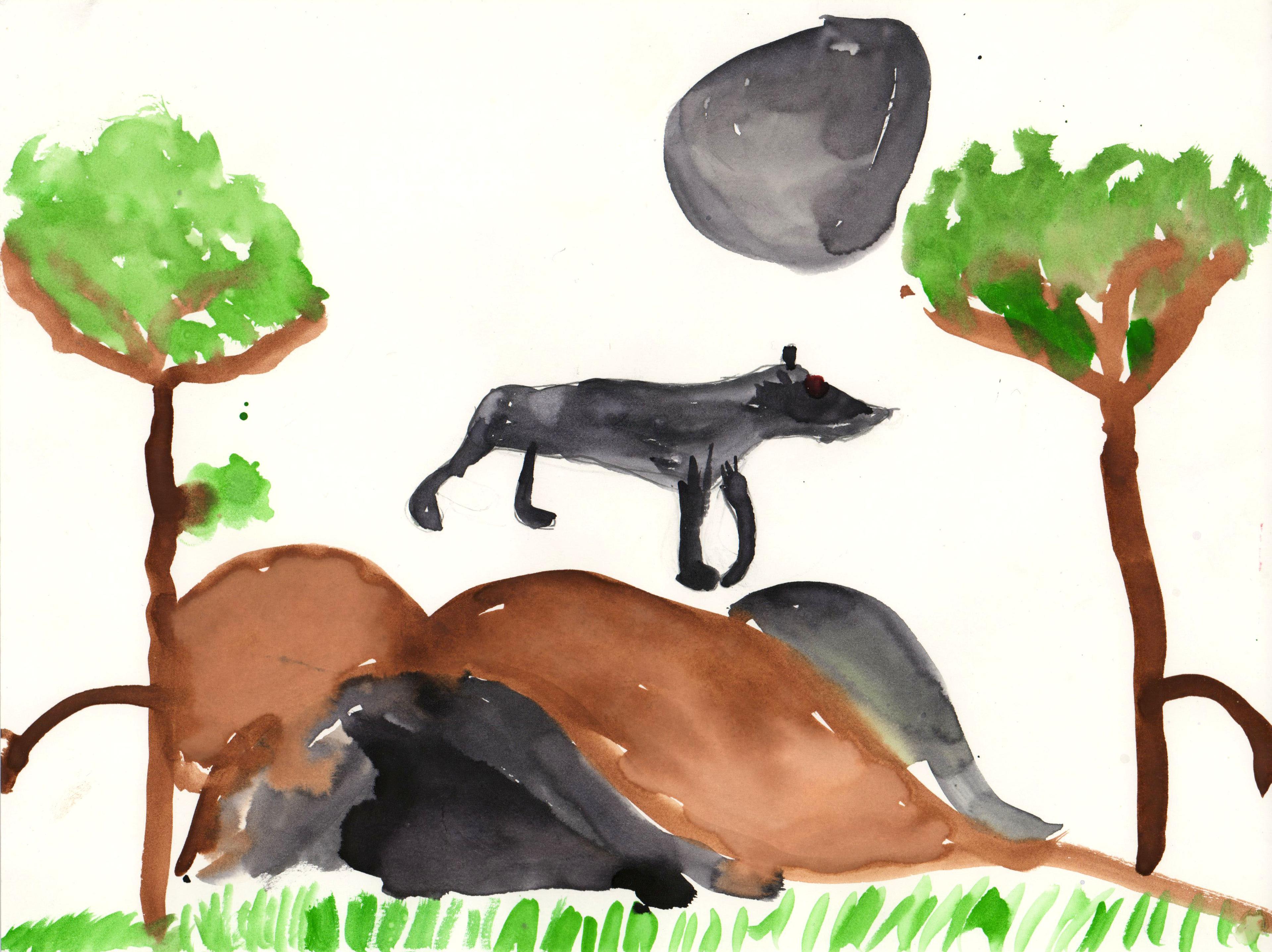 Watercolor painting of a thin black bear facing right and standing centered atop a few large brown and black mounds that rest upon green grass. Tall, thin, brown trees with round green leaves at top stand at the far left and right edges of the painting. A large black circle appears in the sky above the bear, positioned slightly to the right.