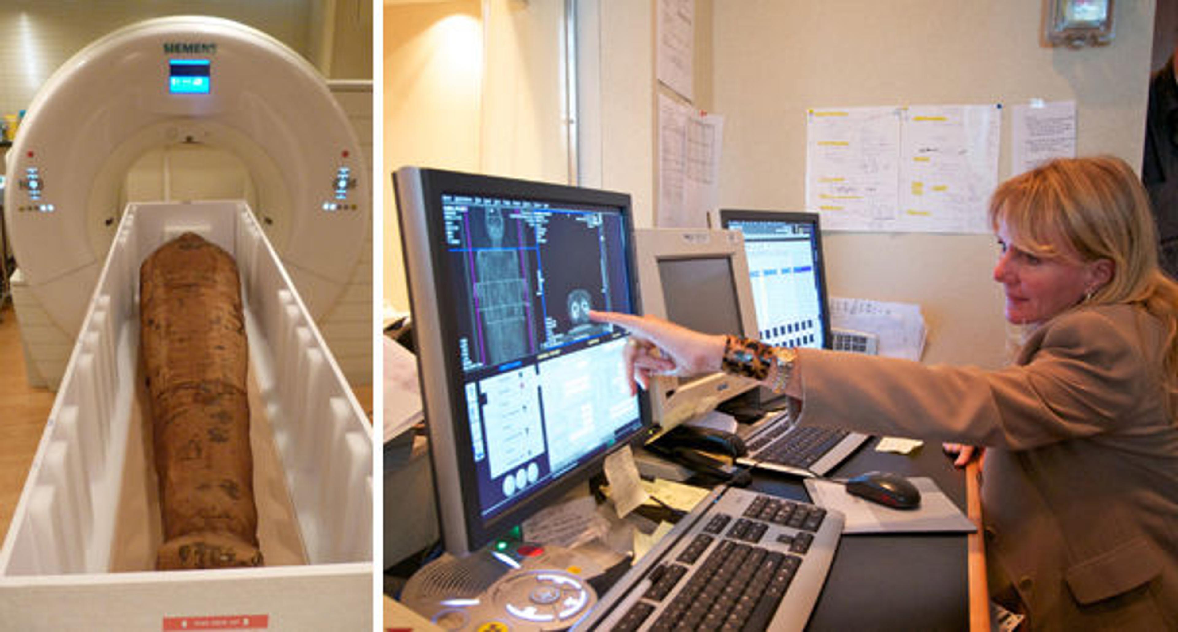 Left: Mummy of Nesmin about to be scanned; Right: Dr. Georgeann McGuinness from the NYU Langone Medical Center