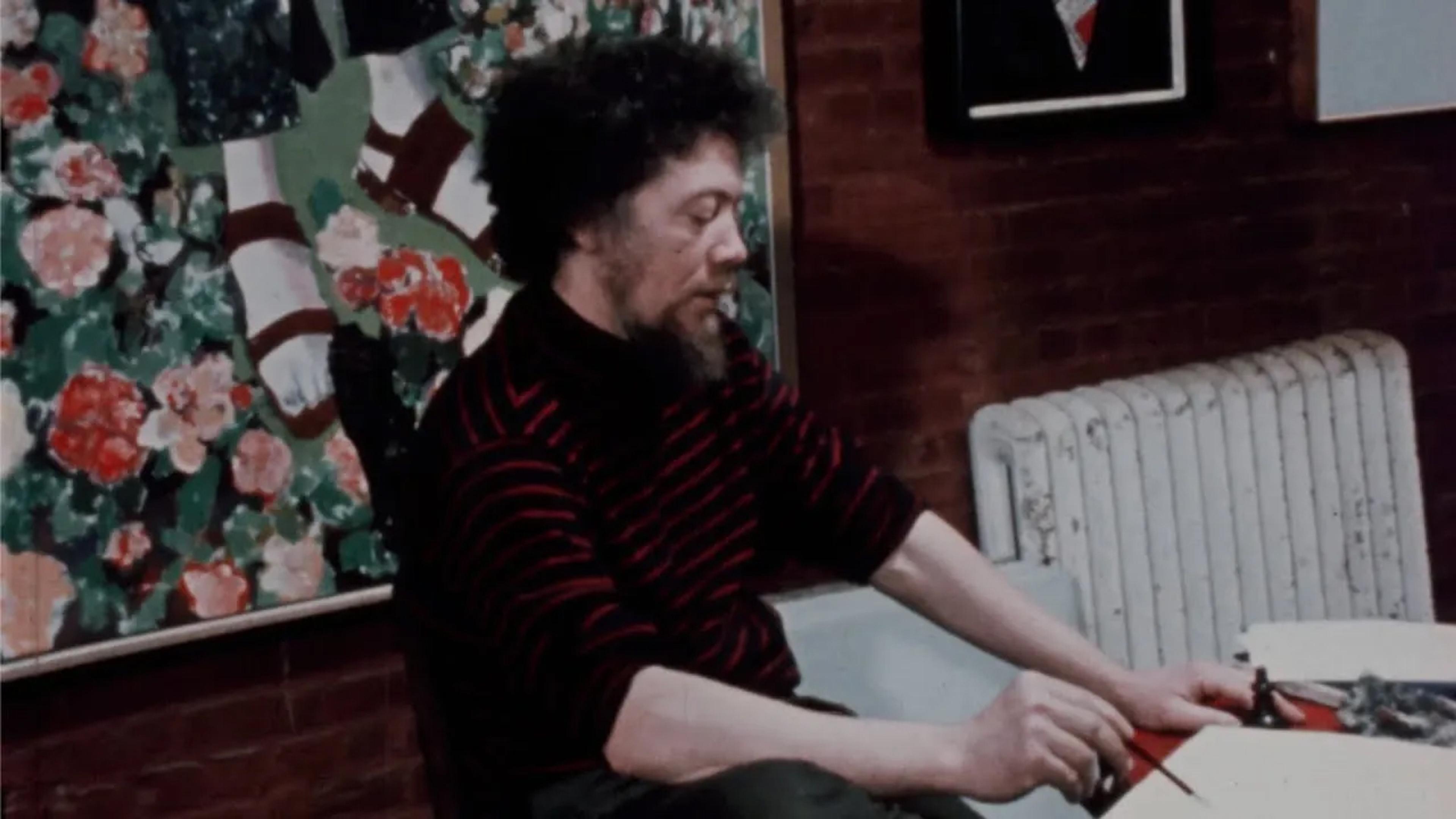 Video still of the artist, educator, and activist Benny Andrews in his studio.