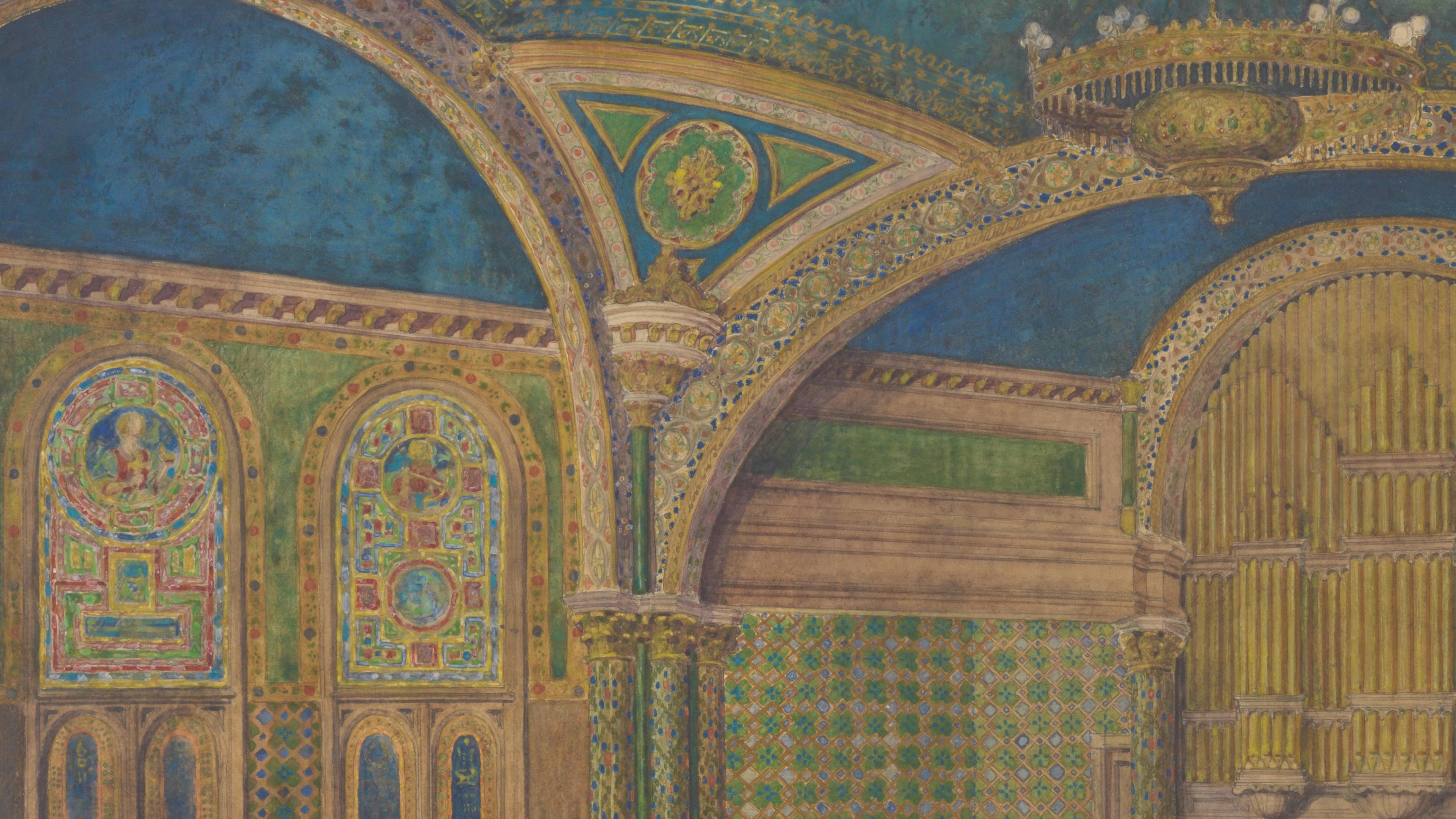 Tiffany Studios, Design for interior of First Presbyterian Church, Poughkeepsie, New York circa 1908 (detail). Transparent and opaque watercolor, and graphite on transparent paper, mounted on paper. The Metropolitan Museum of Art, Purchase, Walter Hoving and Julia T. Weld Gifts and Dodge Fund, 1967 (67.654.7)