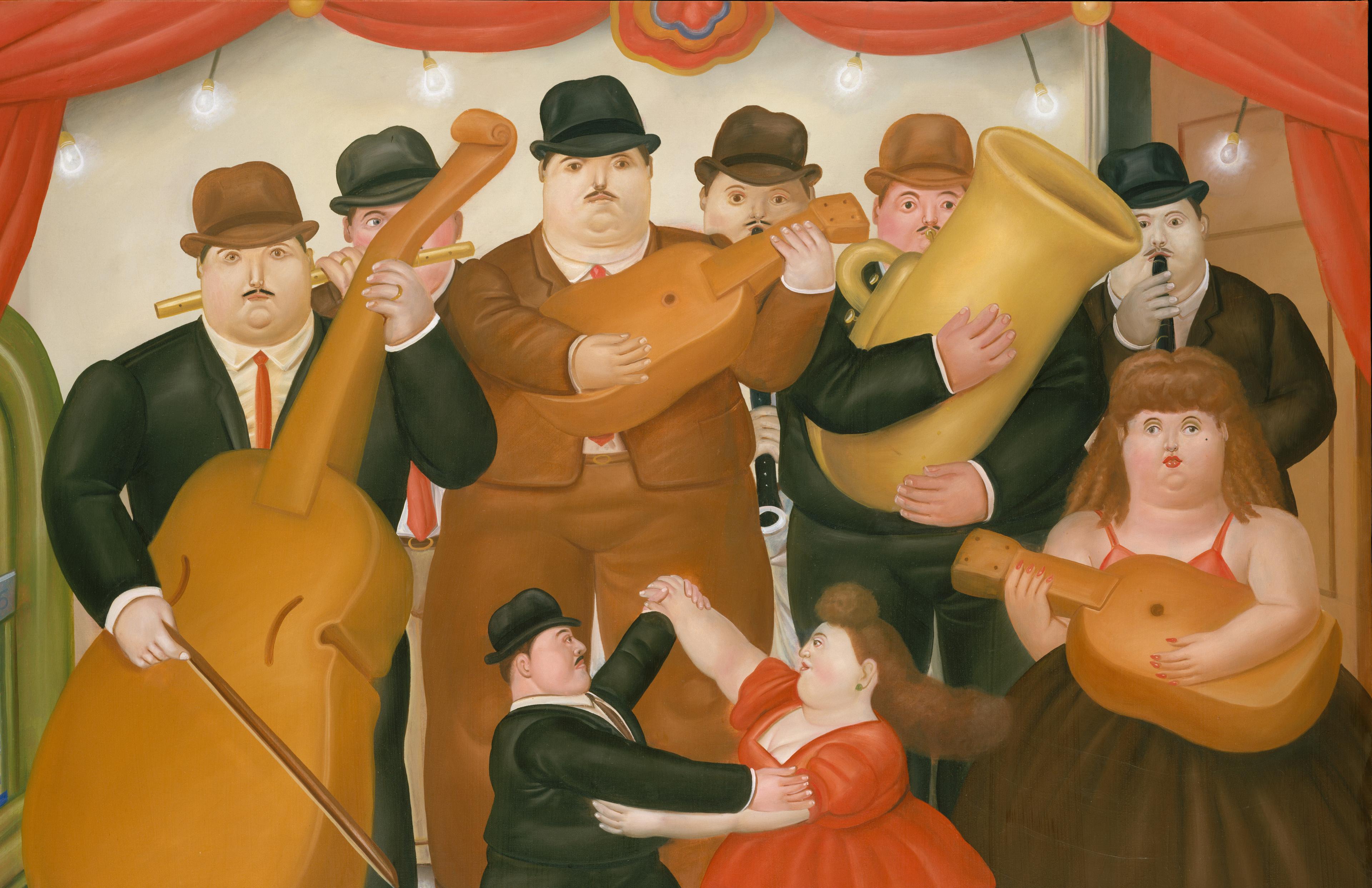 A painting by Botero featuring a group of musicians towering over a small-scale dancing couple