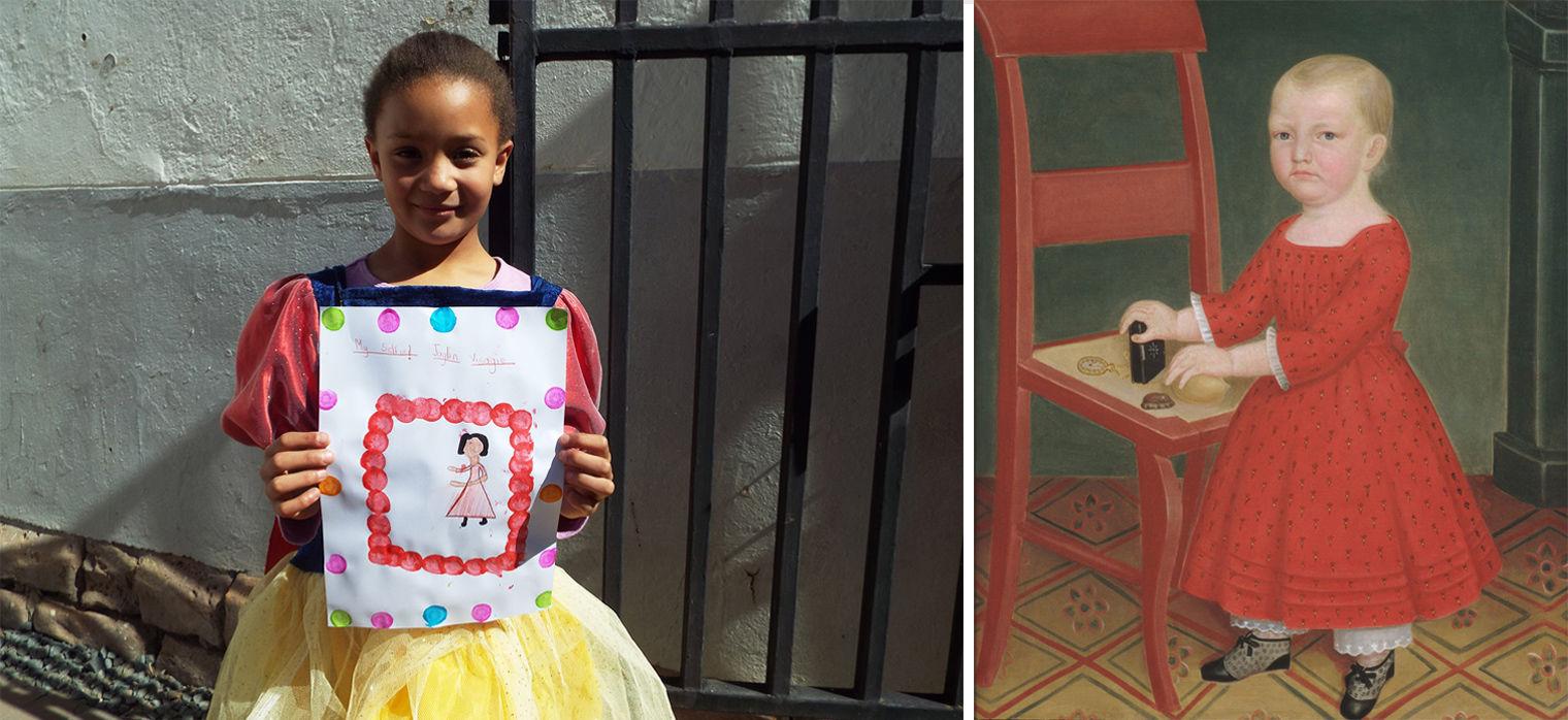 Jaylin (left) holds up her self-portrait inspired by the artwork Boy with Blond Hair (right). In her portrait she is also wearing a red dress and framed by colorful dots.