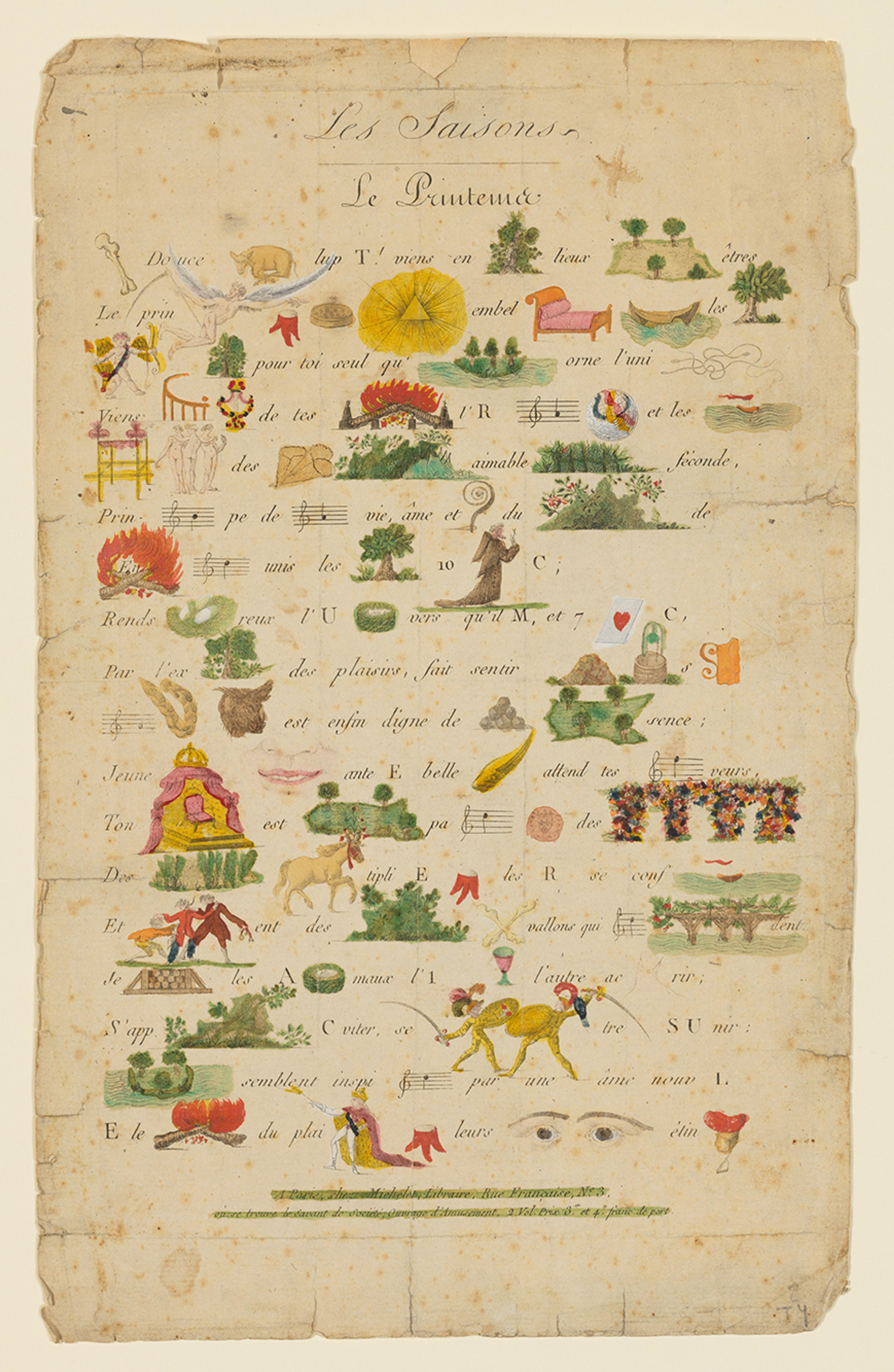 Engraved hand colored rebus consisting of horizontal lines of small pictures and letters