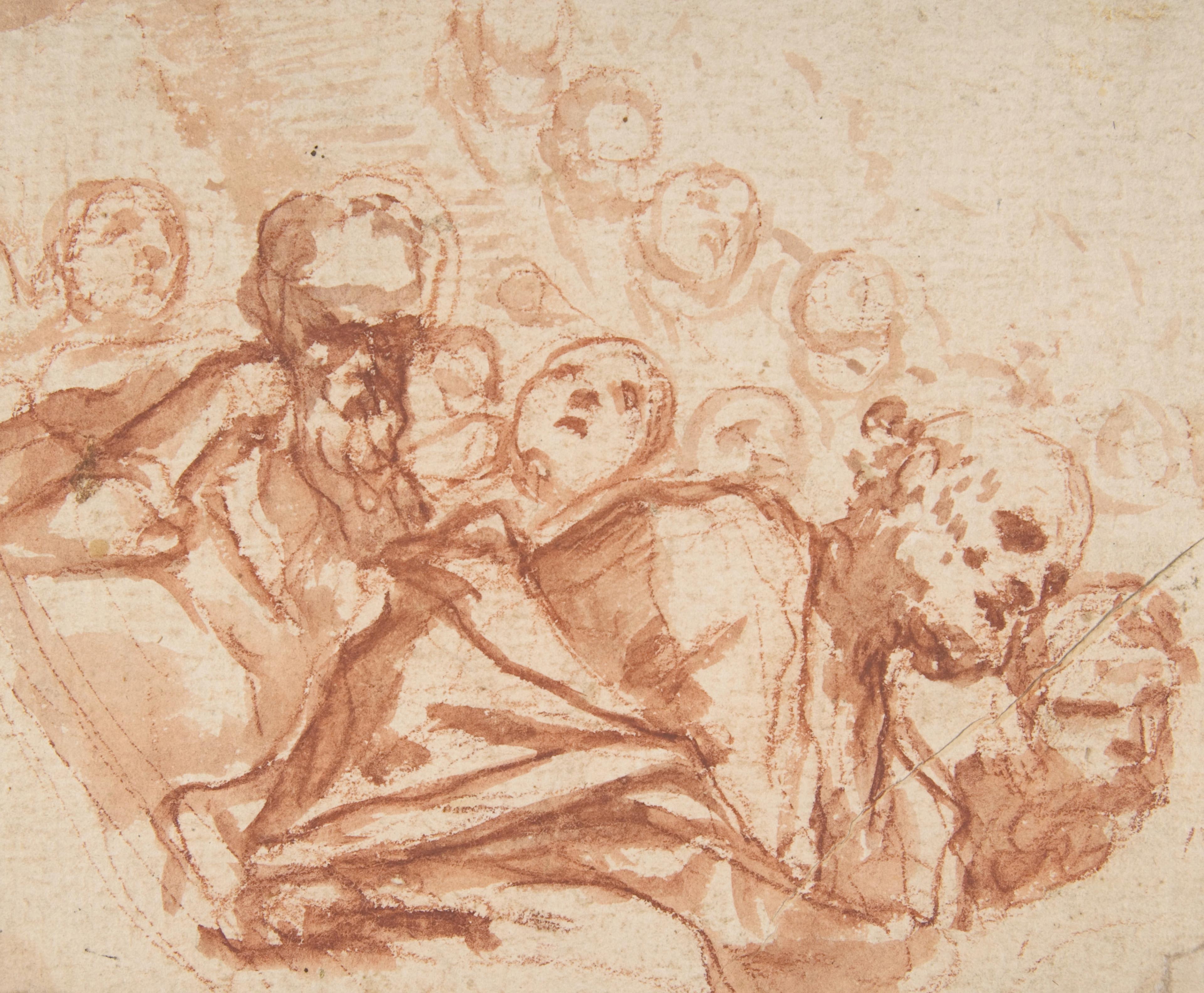 A red chalk sketch of multiple classical figures on aged paper.