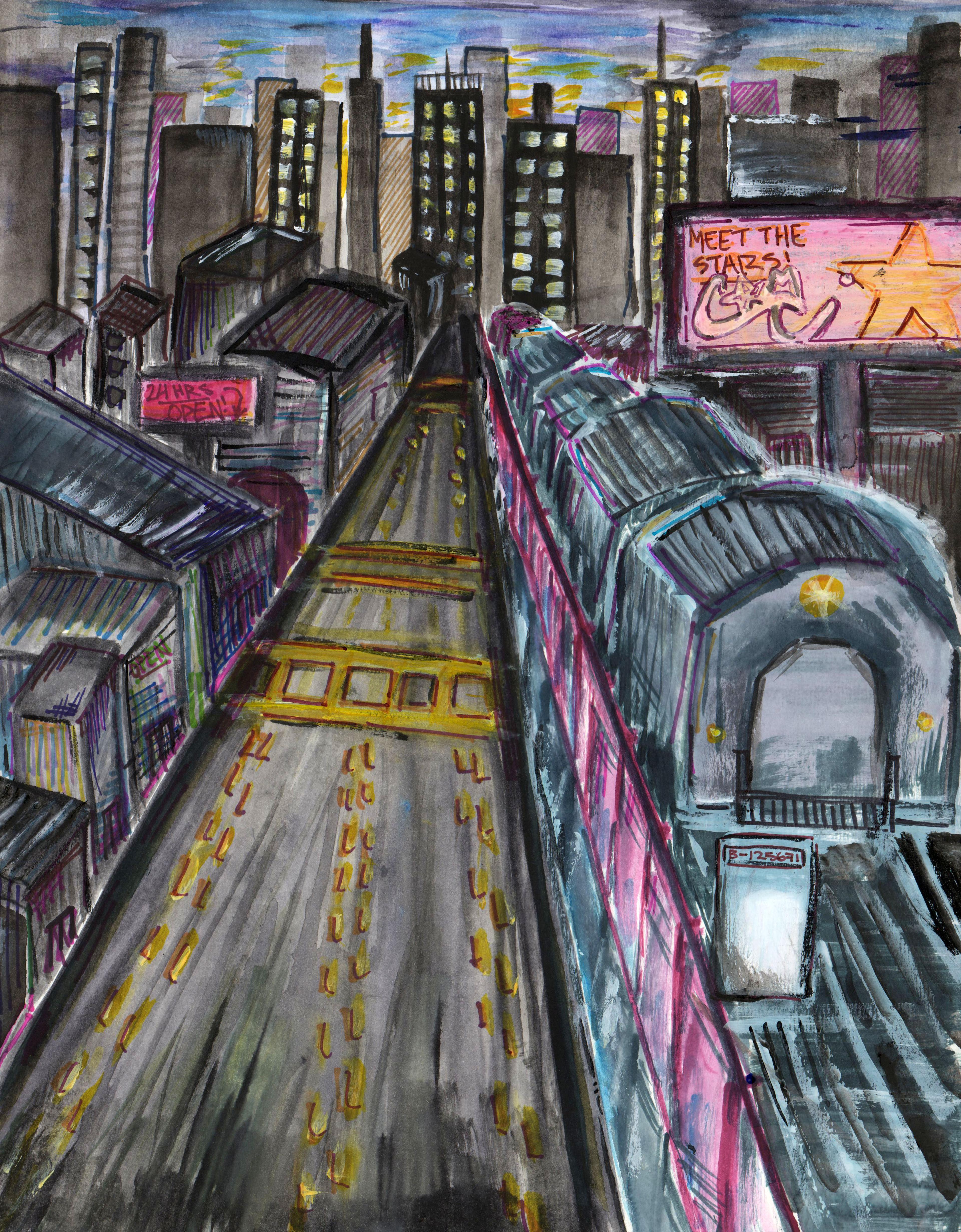 Mixed-media painting of an overhead nighttime view of outdoor elevated subway tracks that recede into the horizon. A long chain of subway cars is on the tracks, and also recedes to the horizon from the lower right corner to the center of the composition. To the left of the tracks is a three-lane gray road separated by yellow dashed lane dividers. Tall buildings with lit yellow windows appear on the horizon. Other buildings run along the left and right sides of the road and train tracks. A red sign on a building on the left reads, "24 HRS OPEN!" A bright pink billboard on a tall signpost to the right reads, "MEET THE STARS!" with a large yellow five-pointed star at the right of the headline.