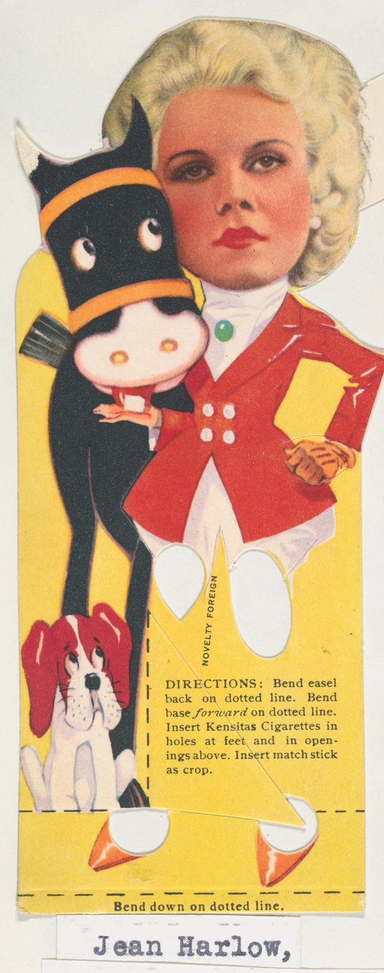 1930s paper doll cutout featuring the actress Jean Harlow and a cartoon horse and dog