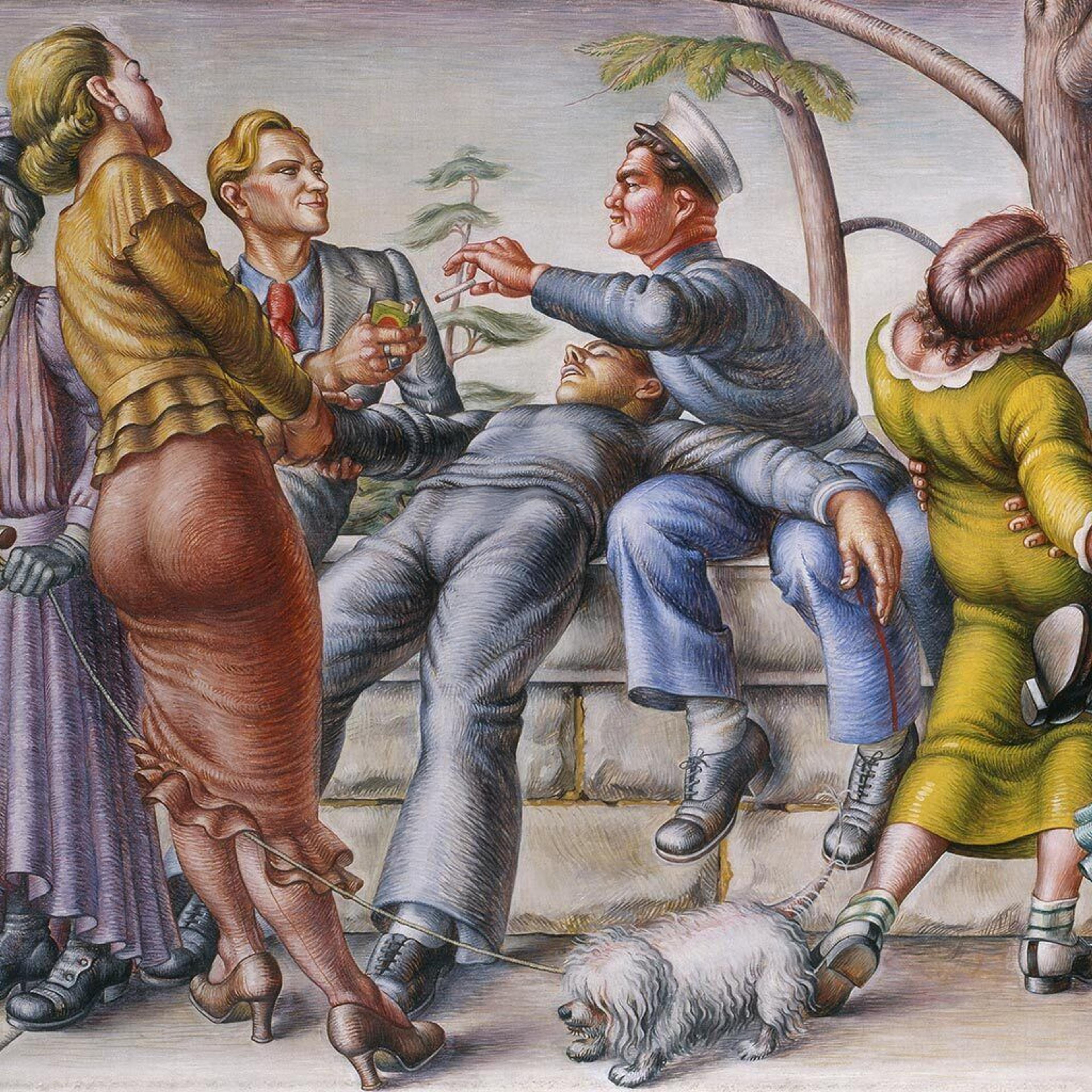 A detail of Paul Cadmus's The Fleet's In depcting a sailor making a pass at a man in a suit