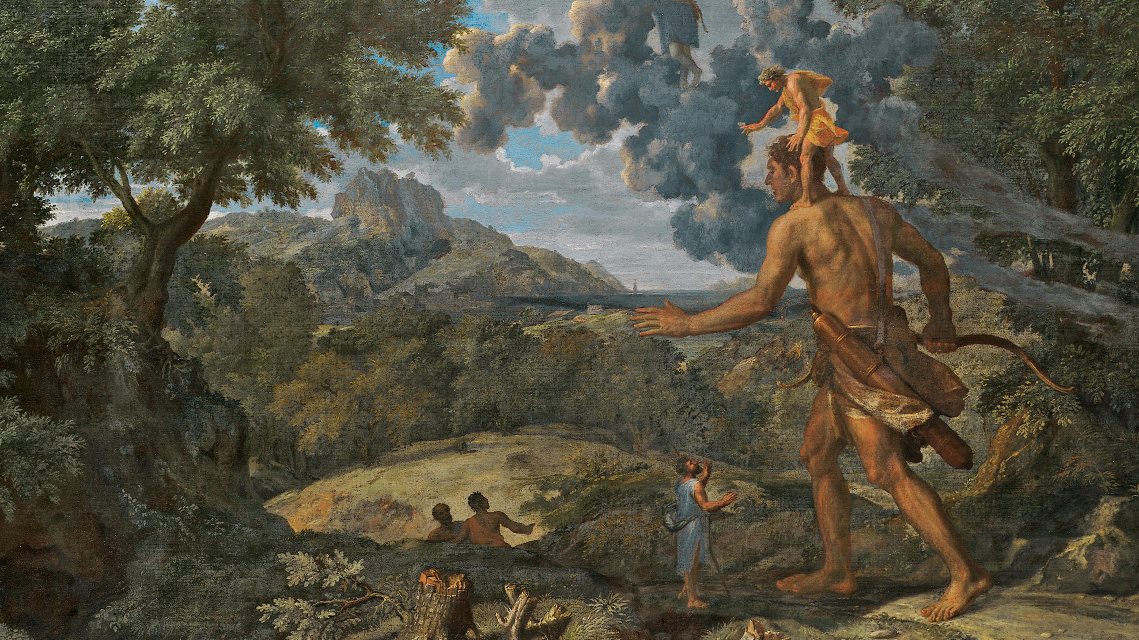 A mythological scene with a giant striding through a lush, mountainous landscape. A small figure stands on his shoulder.