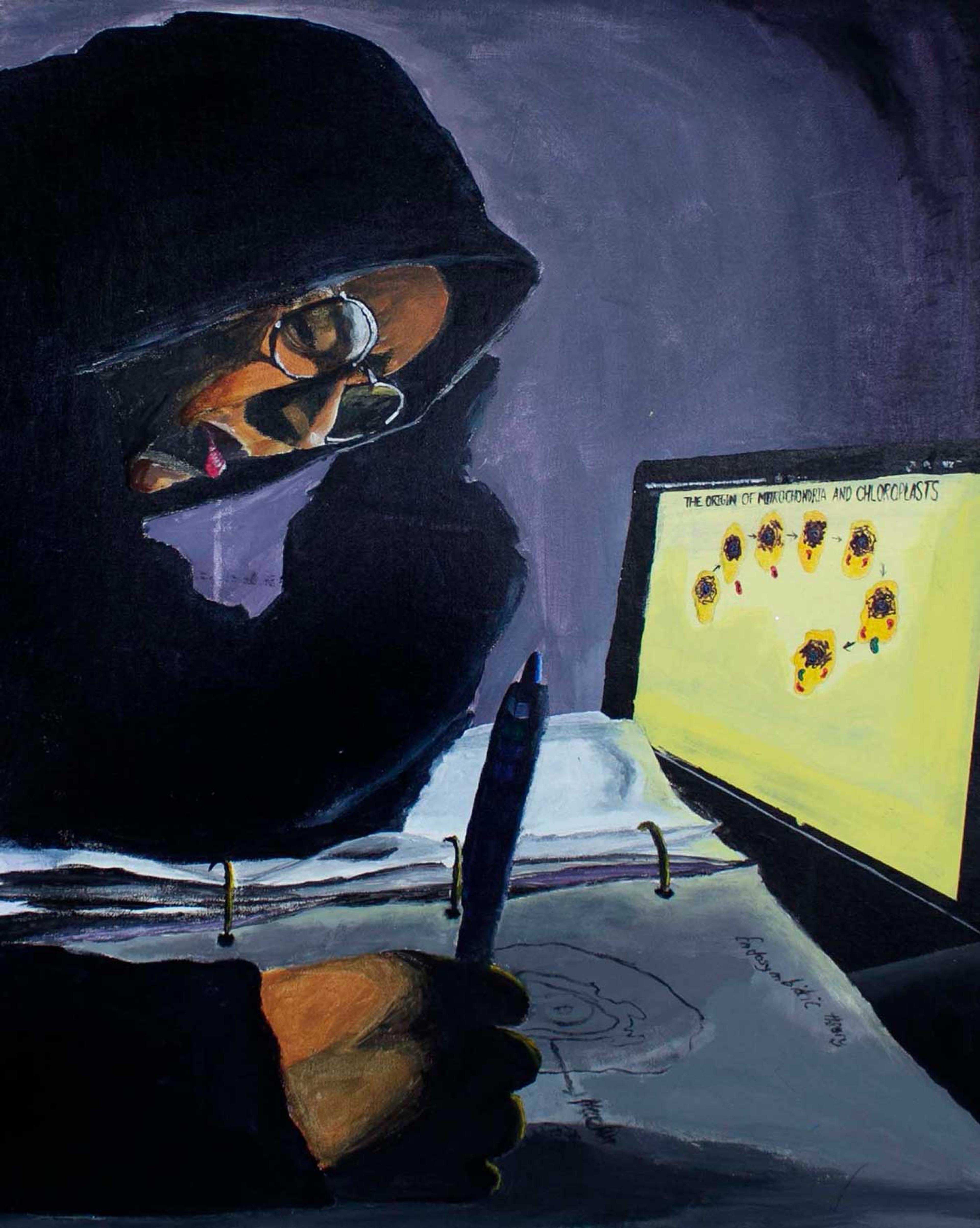 Painting of a student holding a pen and writing in a notebook while sitting in front of a glowing yellow computer screen.