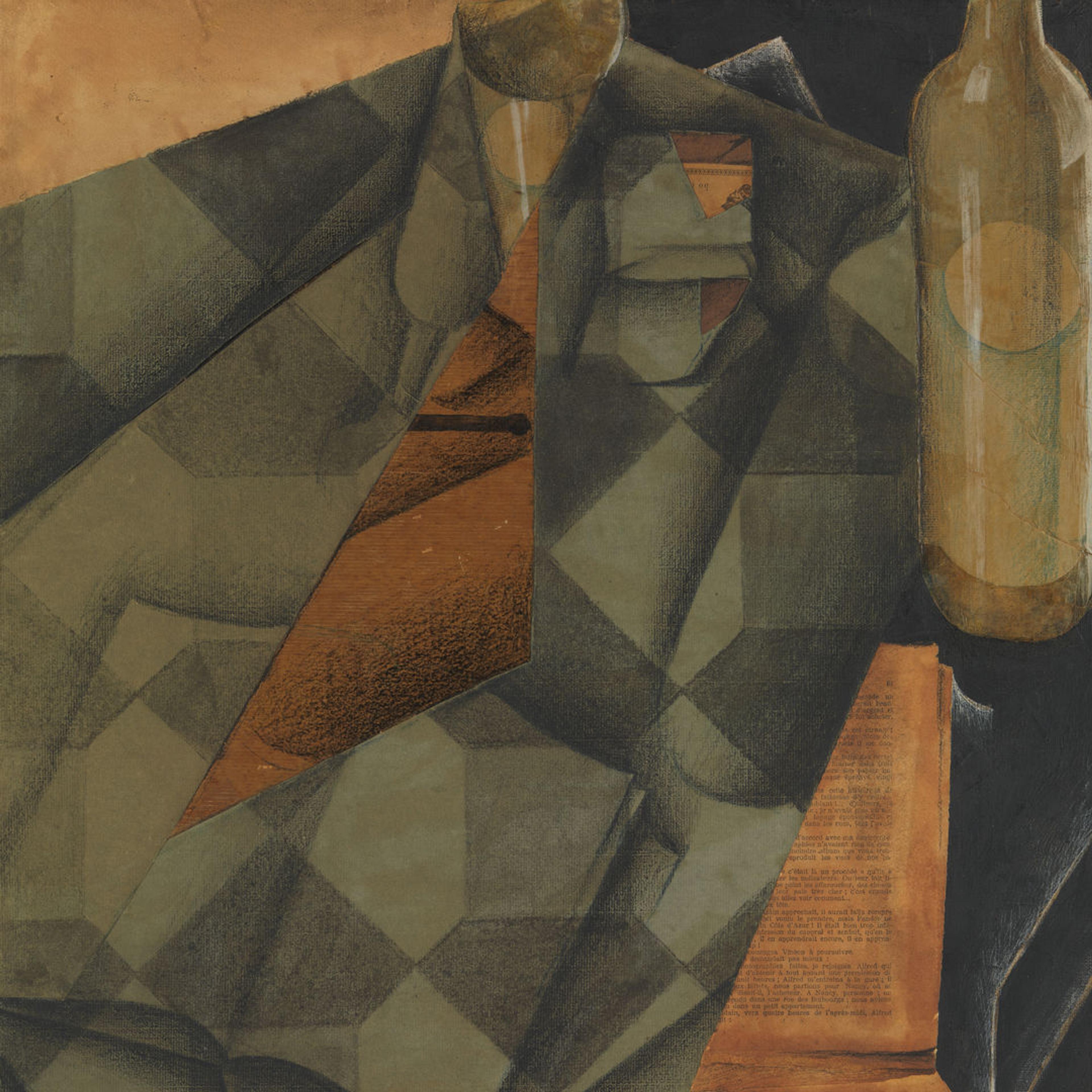 Painting with navy blue, green, and brown tones of a bottle, glass, pack of Scaferlati Ordinaire tobacco, and book on a tabletop