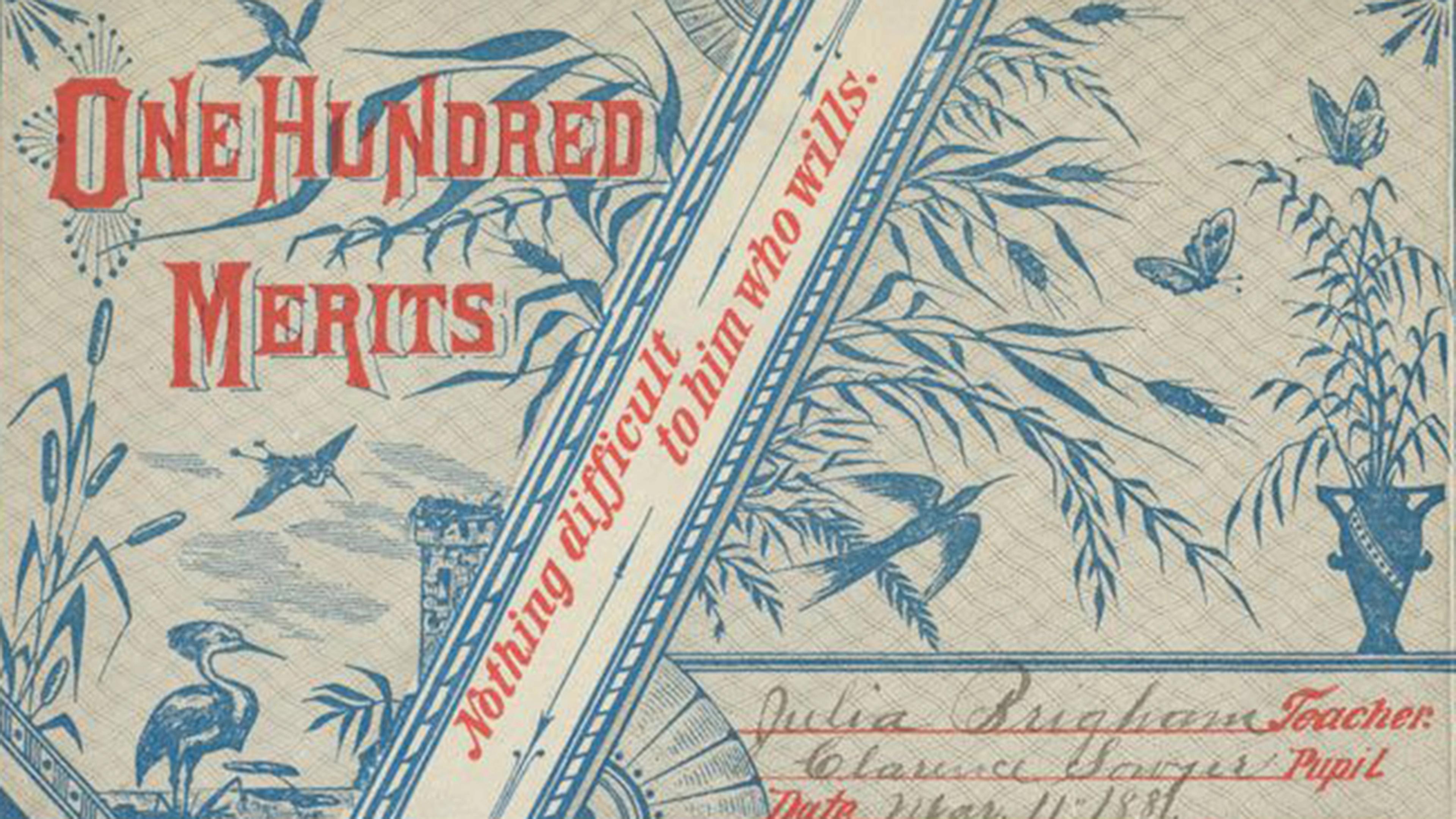 White, blue, and red merit card from a teacher to a student