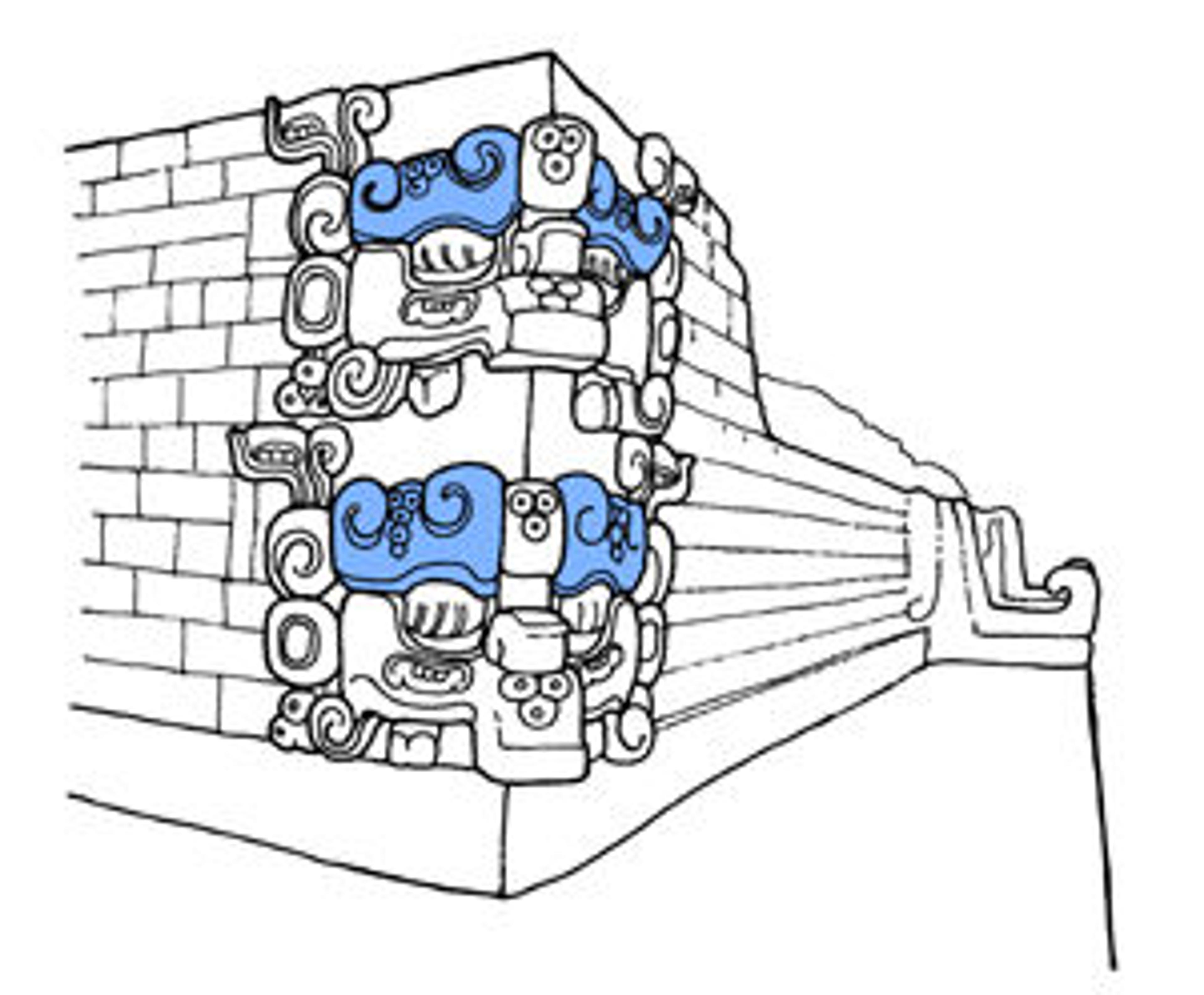 Reconstruction of witz monster sculptures, Structure 22, Copan, Honduras, by Linda Schele. © David Schele