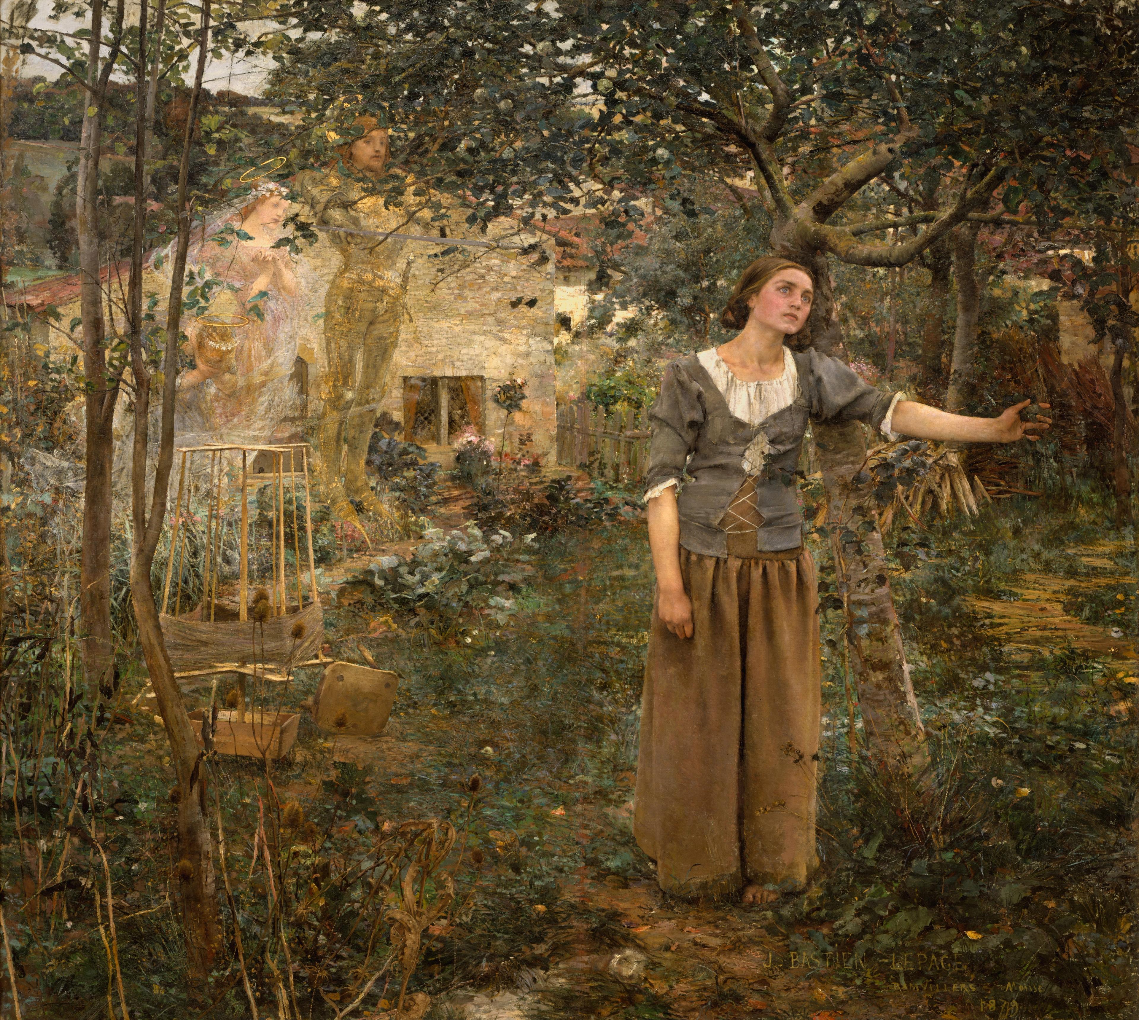 A woman in simple dress stares longingly upward in a verdant garden. Three ghostly saints hover in the background.