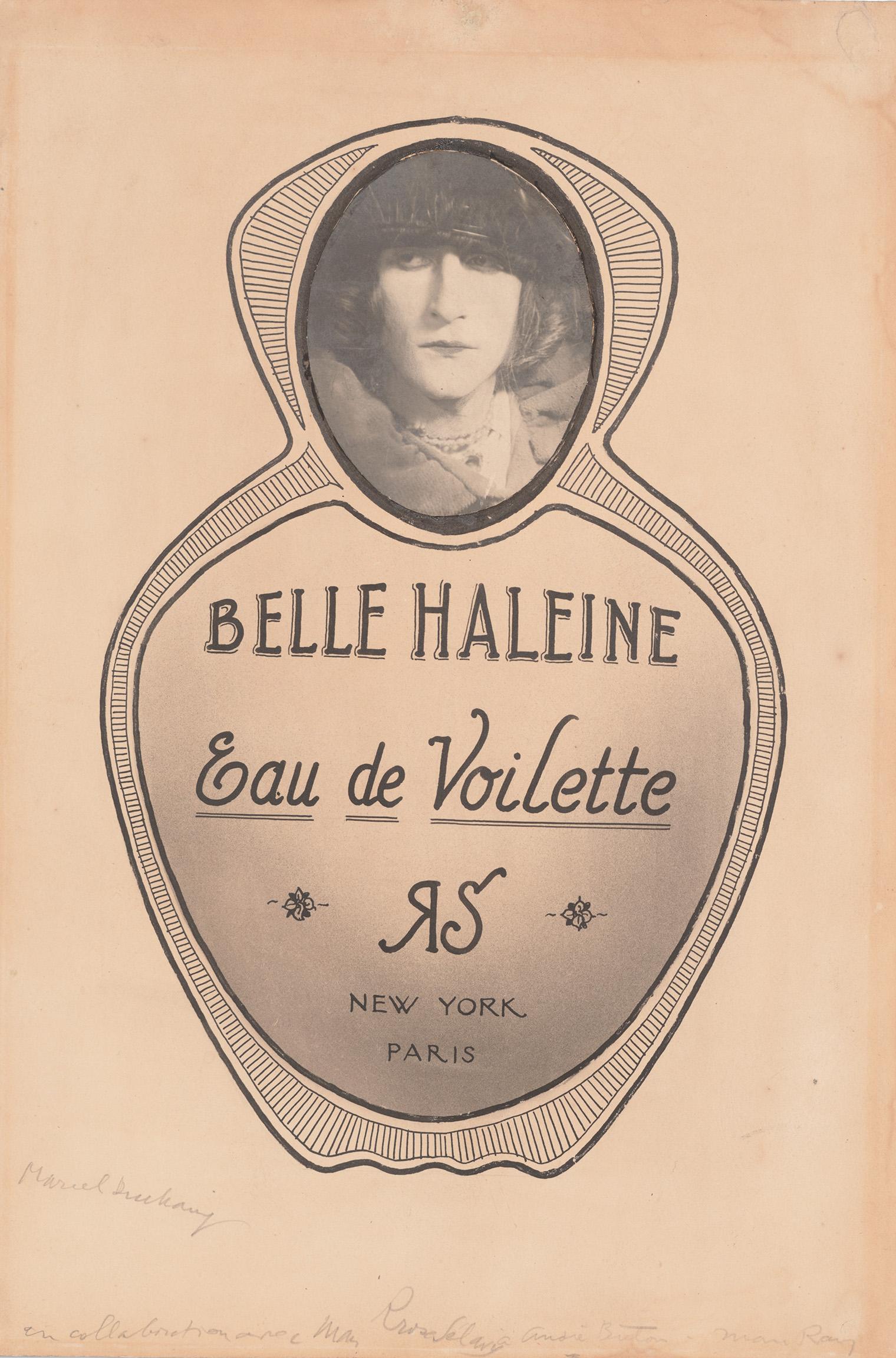 Vintage perfume label shaped like a bottle with a sepia-toned photo of a person inside. Text reads "Belle Haleine Eau de Voilette RS, New York, Paris."