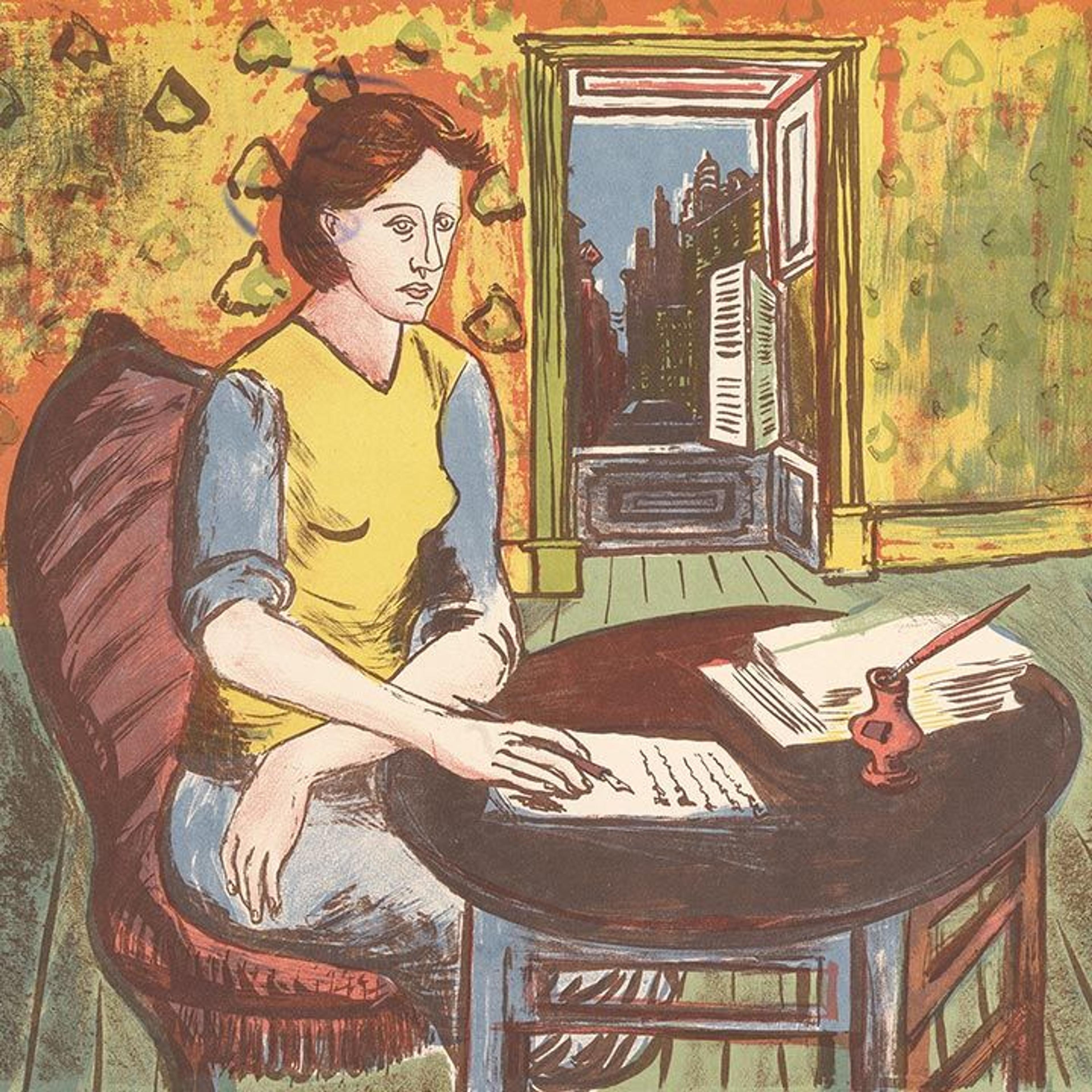 A painting of a woman seated at a writing table