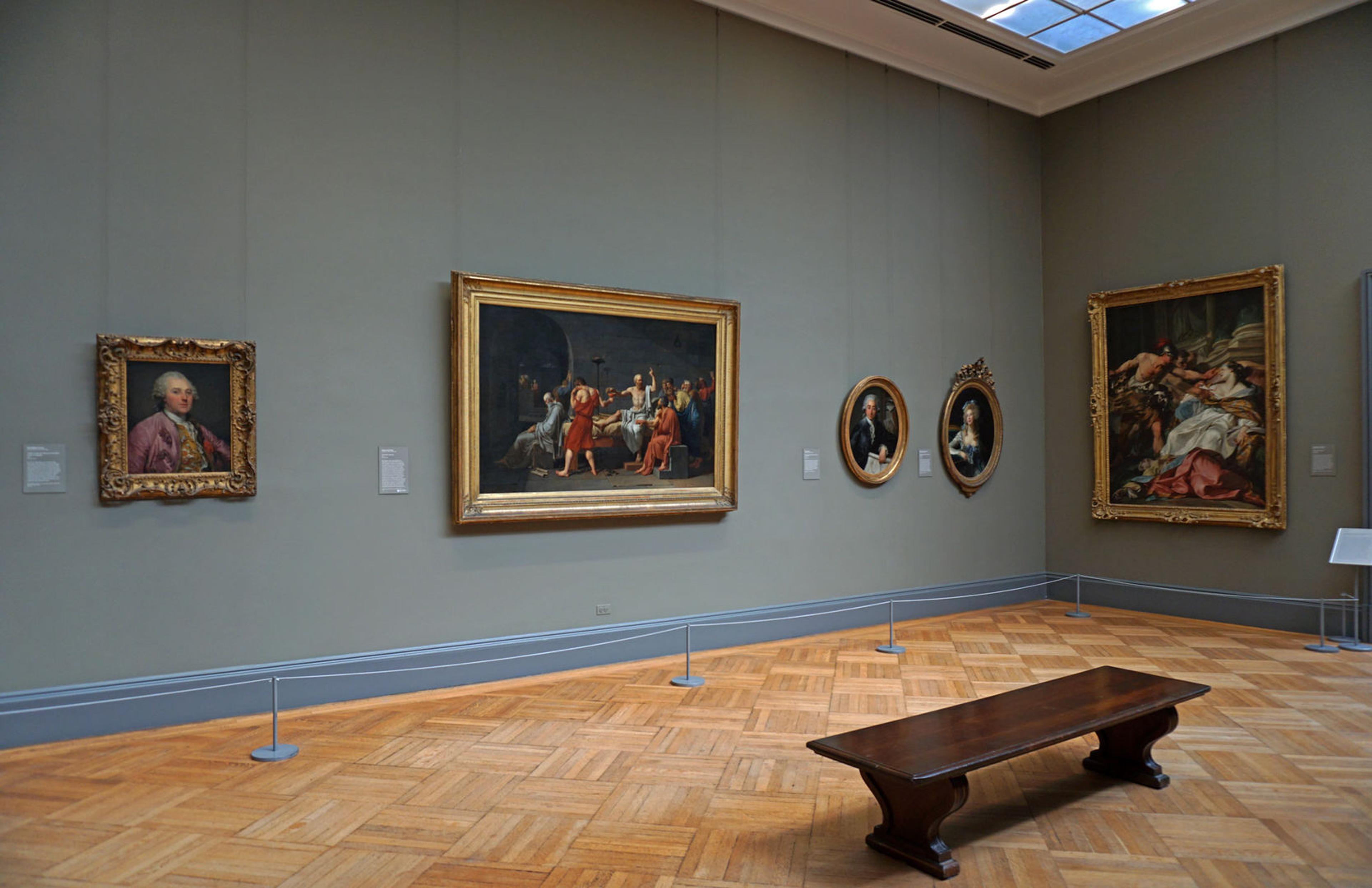 One of The Met's European Paintings galleries, with Jacques Louis David's "Death of Socrates" at the center