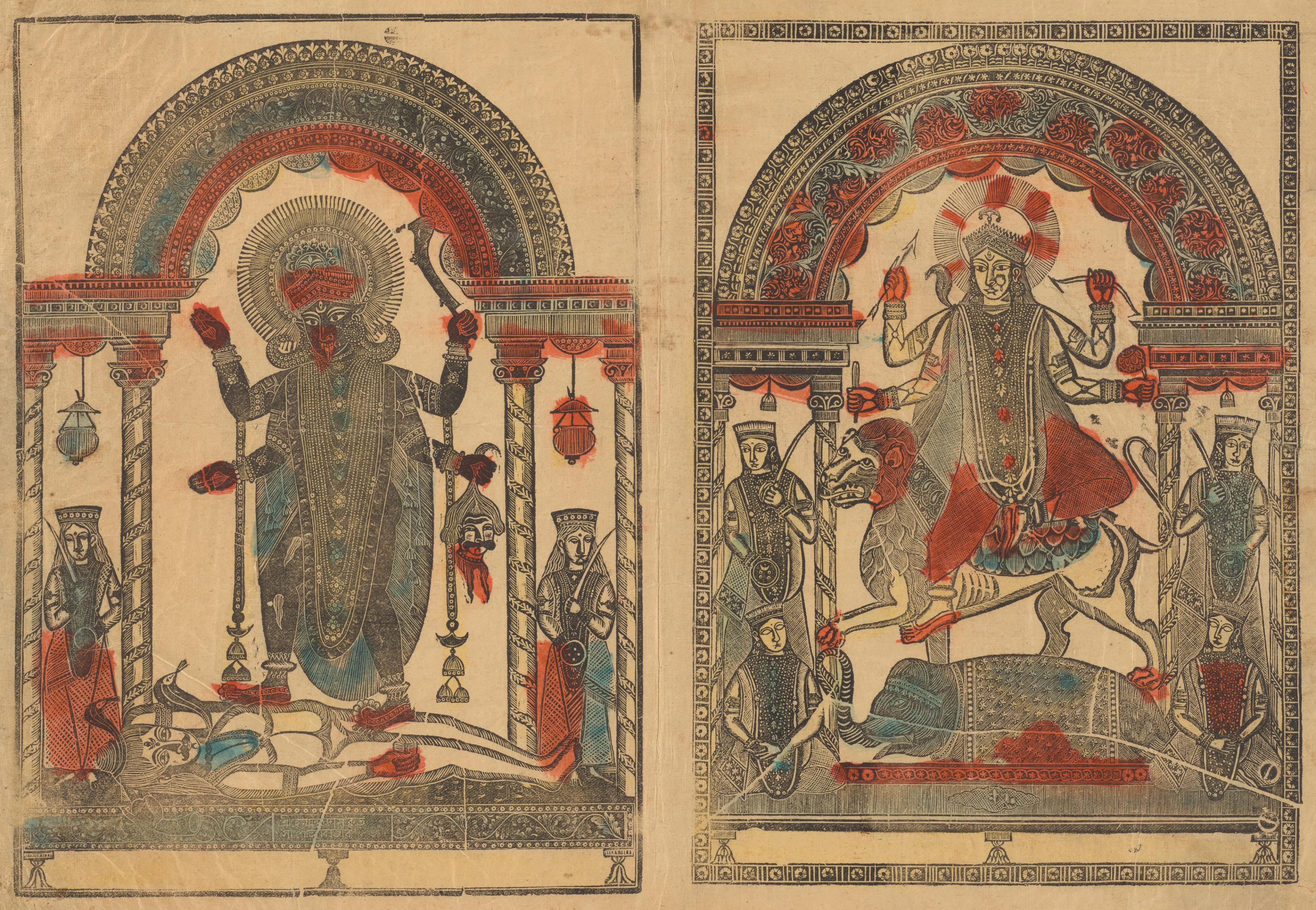 Two multi-armed goddesses, depicted under elegant arches in ferocious poses.