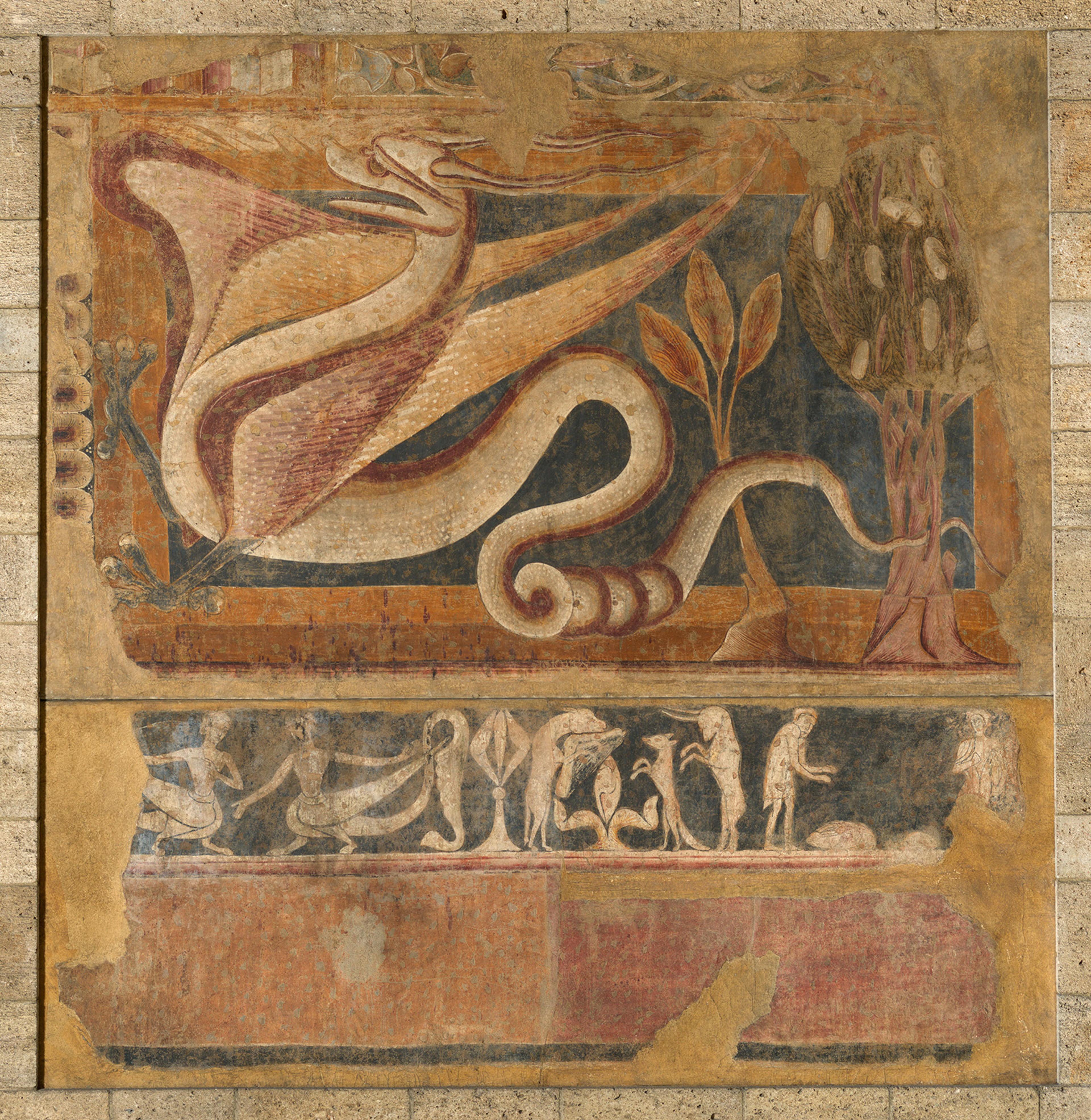Ancient mural depicting a large, stylized dragon-like creature with an elongated body and wings, surrounded by trees and mythical figures below. 